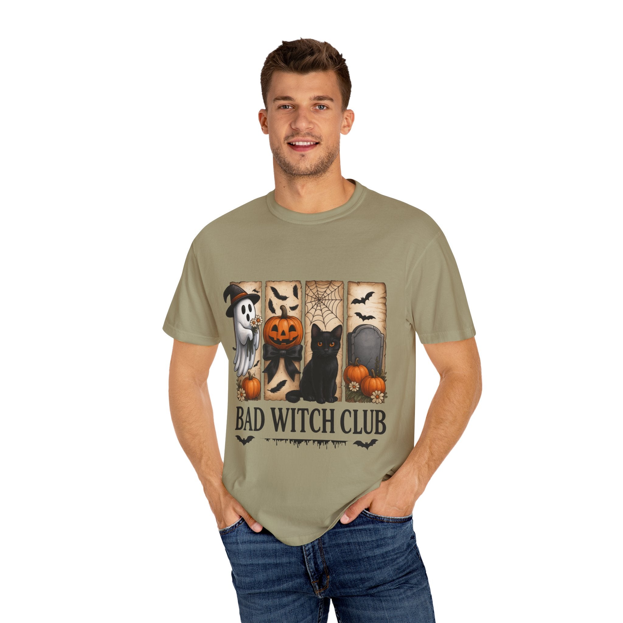 Bad Witch Club Halloween T-Shirt – Cute Ghost, Black Cat, Pumpkin & Spooky Gothic Design