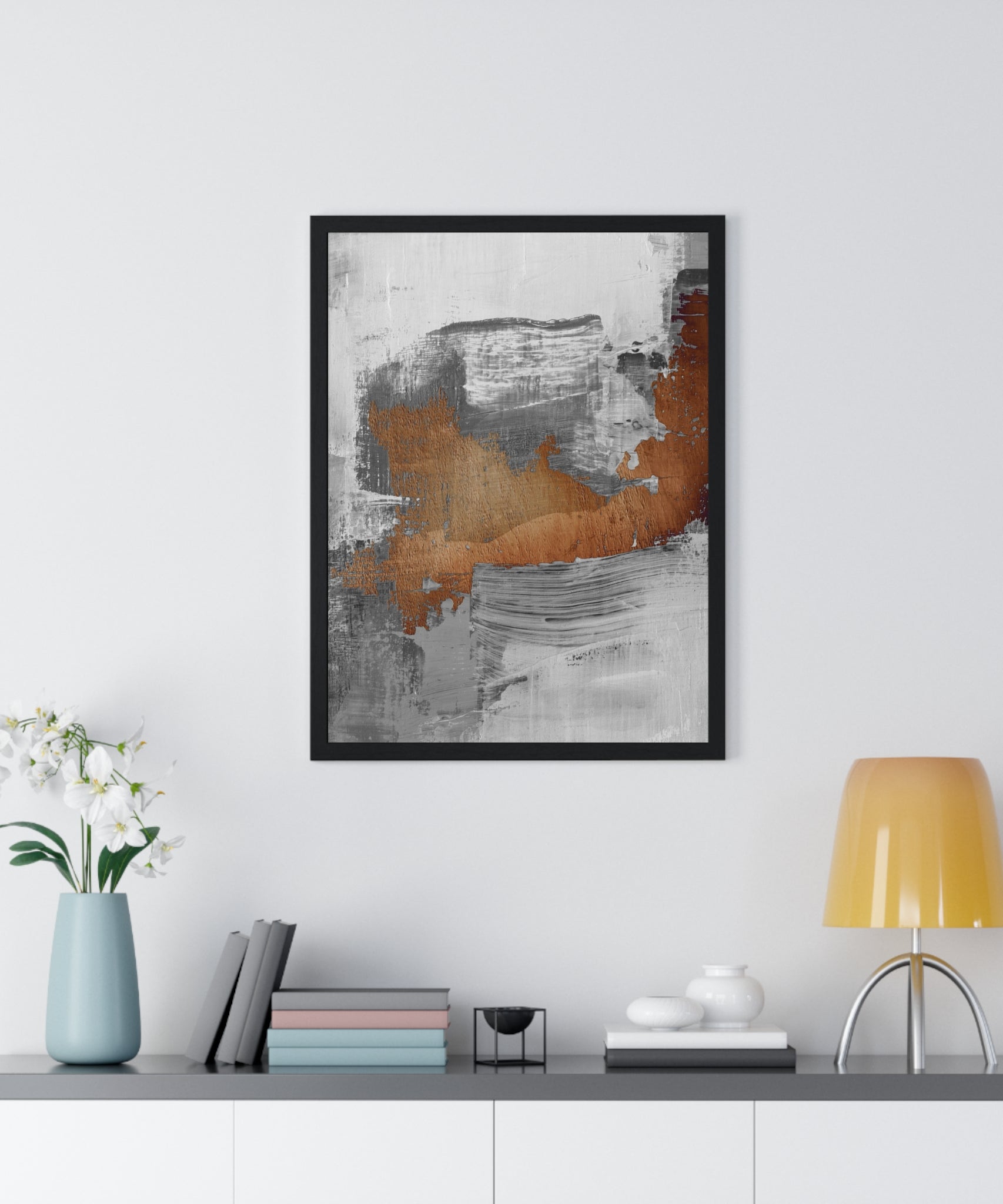Textured Abstract Wall Art – Grey, Copper & White Modern Brushstroke Poster on Wooden Frame