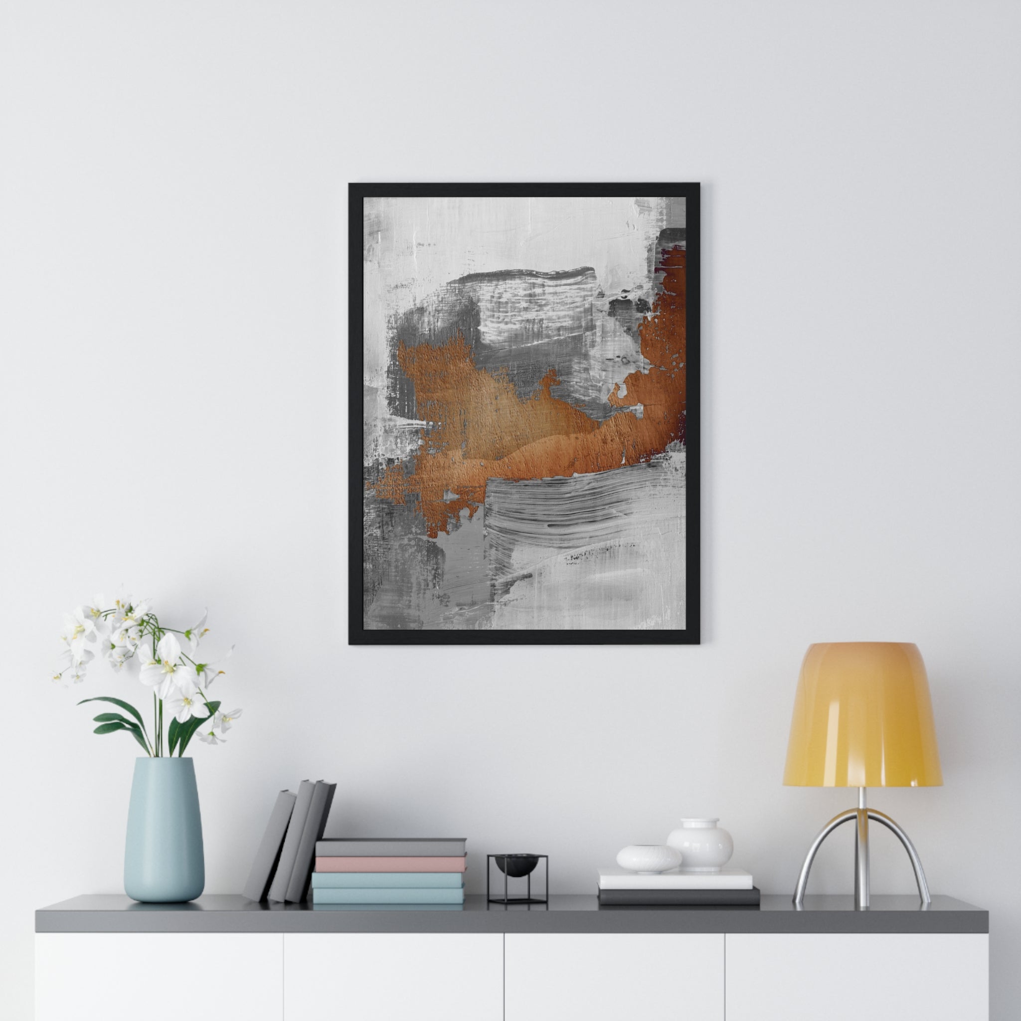Textured Abstract Wall Art – Grey, Copper & White Modern Brushstroke Poster on Wooden Frame