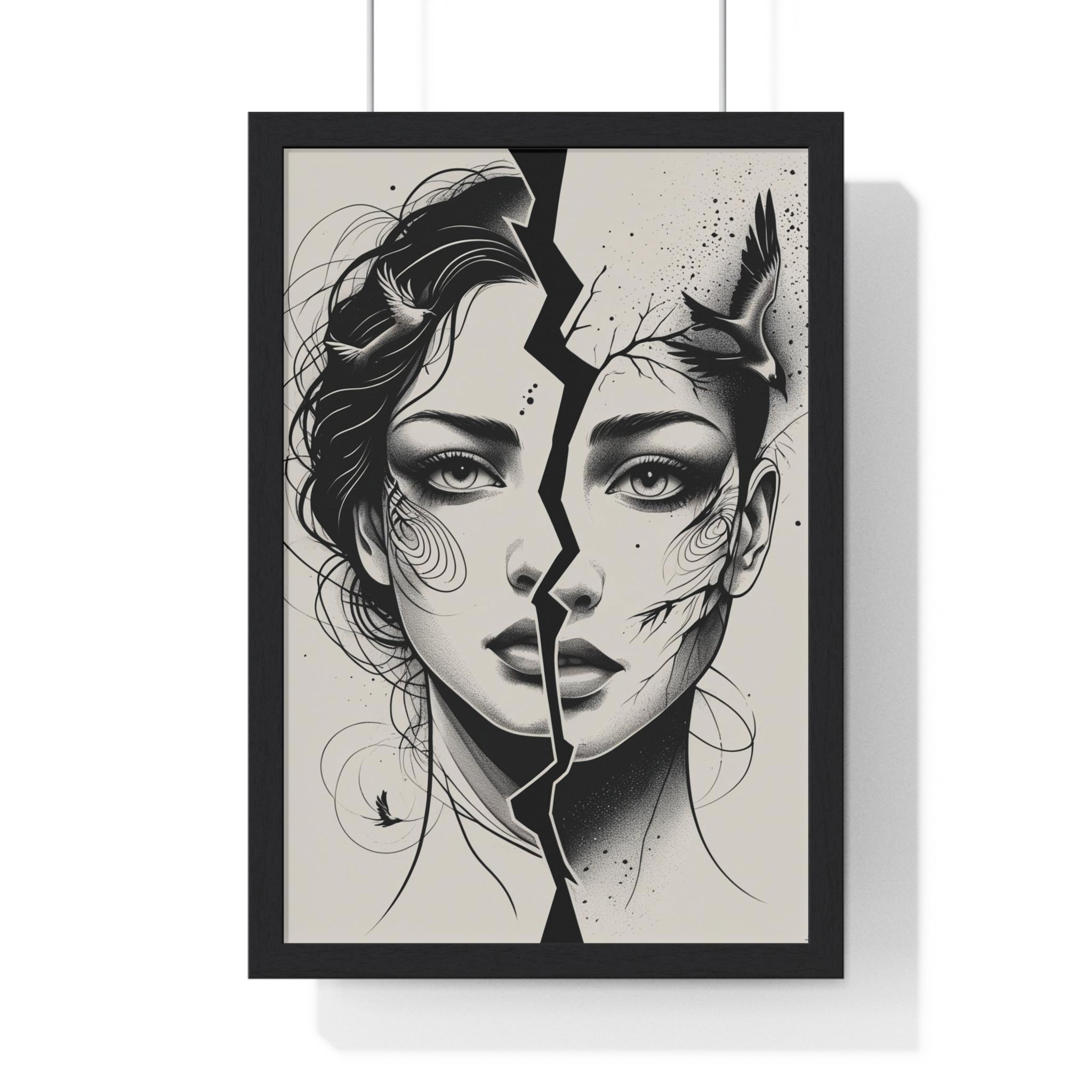 Vertical Framed Poster, Women Split Face Home Decor Art Modern Wall Unique Gift Inspirational Artwork, Wall Hanging Art Print