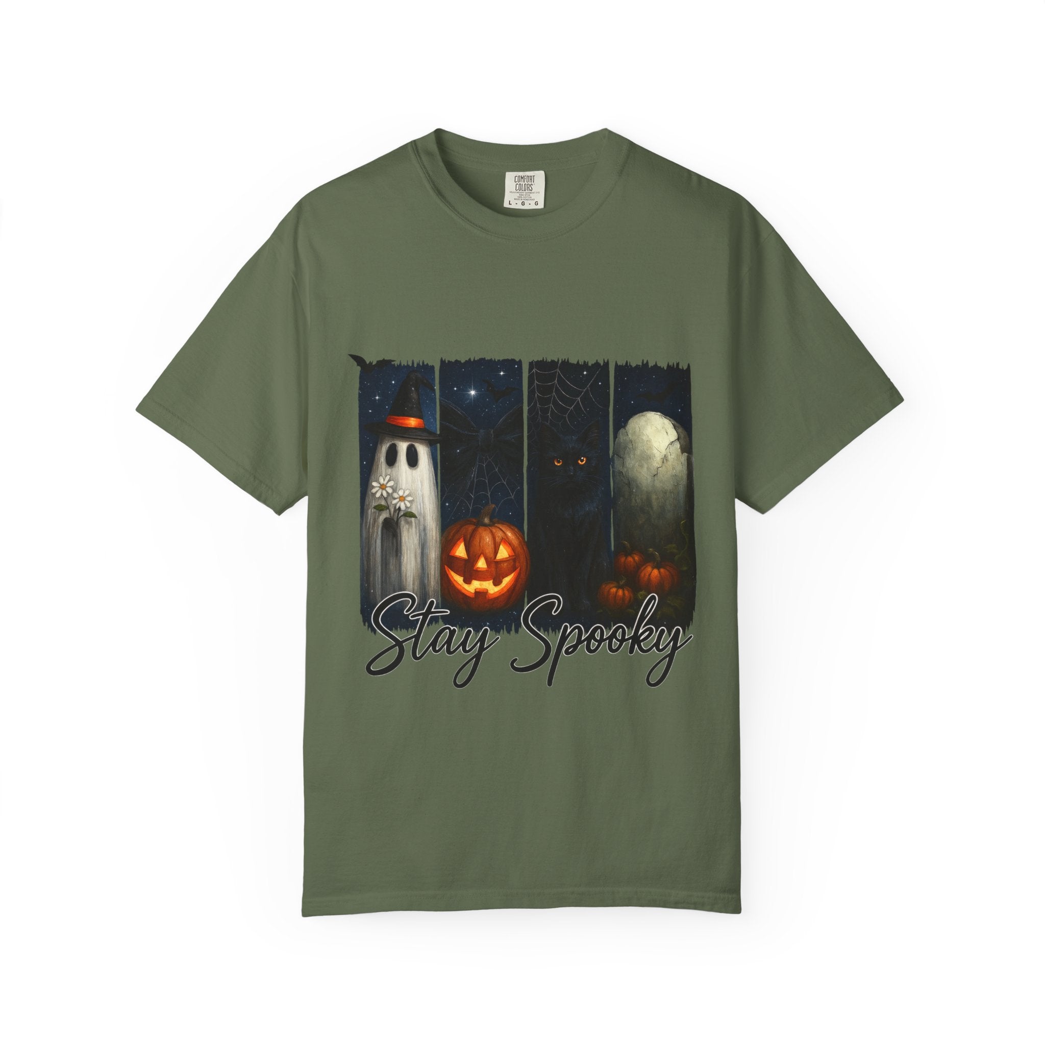 Stay Spooky Halloween T-Shirt – Cute Ghost, Black Cat, Pumpkin & Graveyard Design