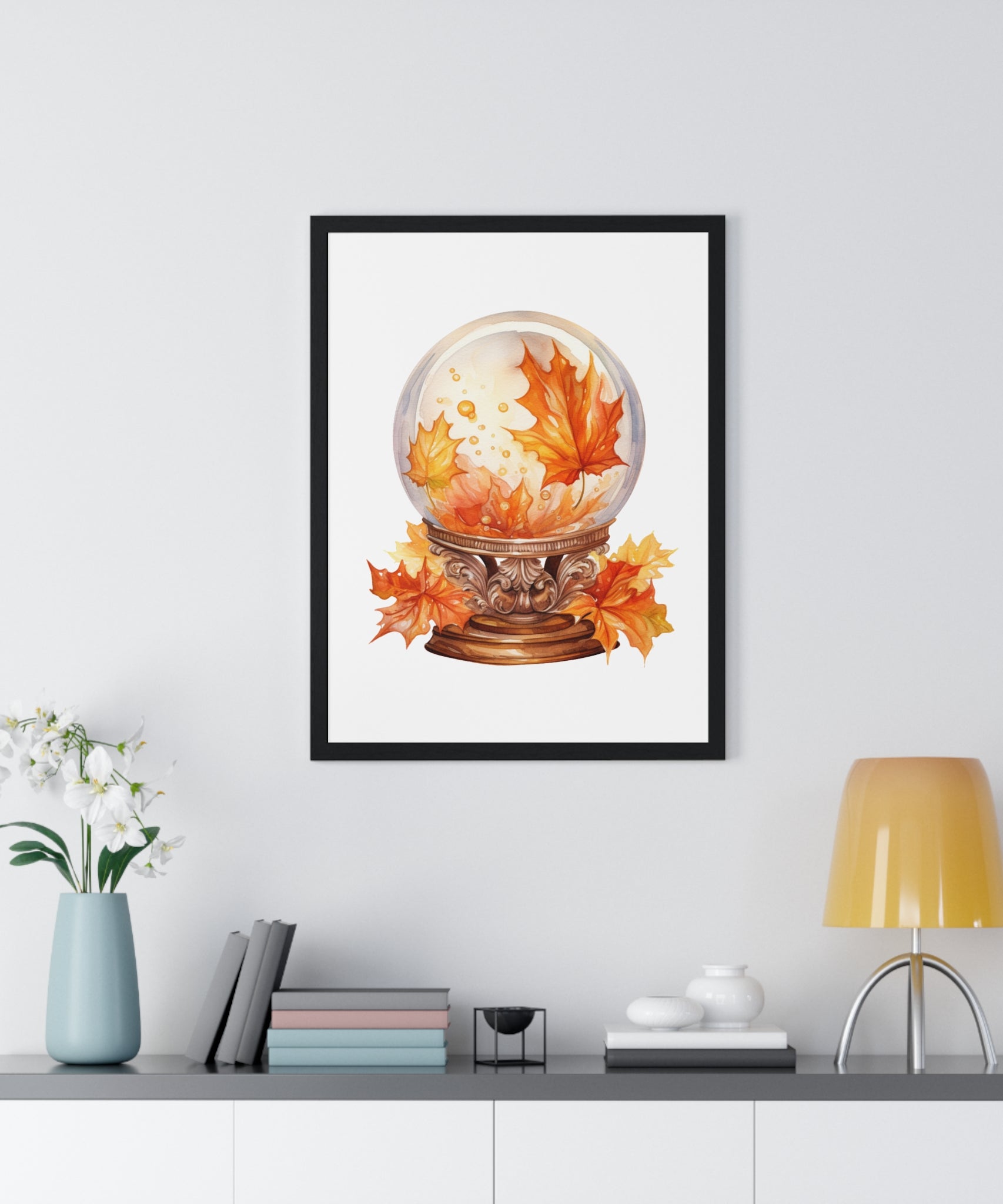 Floating Leaves Snow Globe Wall Art – Ornate Autumn Fantasy Poster | Wooden Frame Seasonal Home Decor
