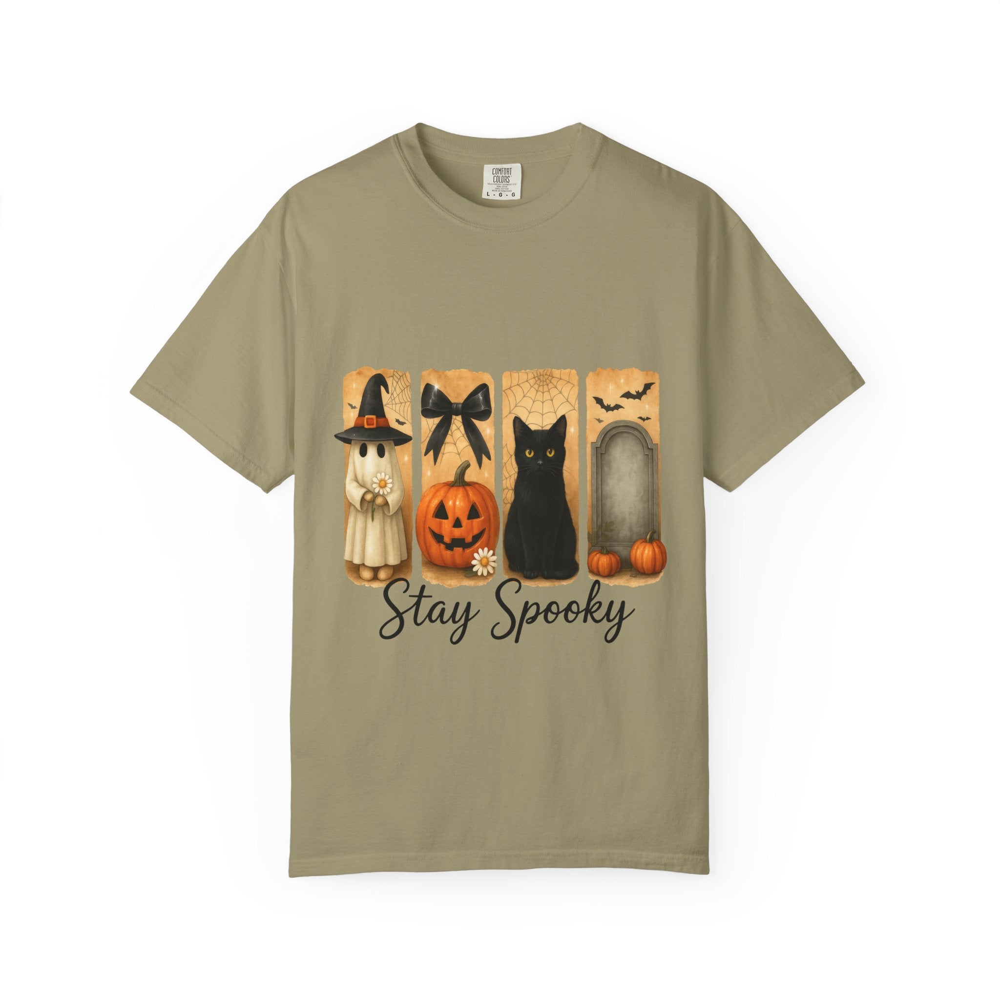 Cute Halloween T-Shirt – Ghost in Witch Hat, Pumpkin, Black Cat & Tombstone Design