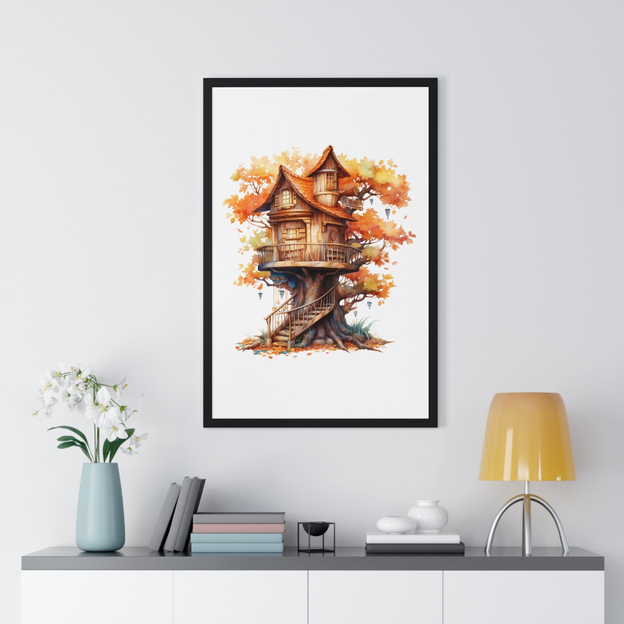 Whimsical Autumn Treehouse Wall Art – Fantasy Forest Cottage with Lanterns & Fall Leaves | Wooden Frame Seasonal Decor