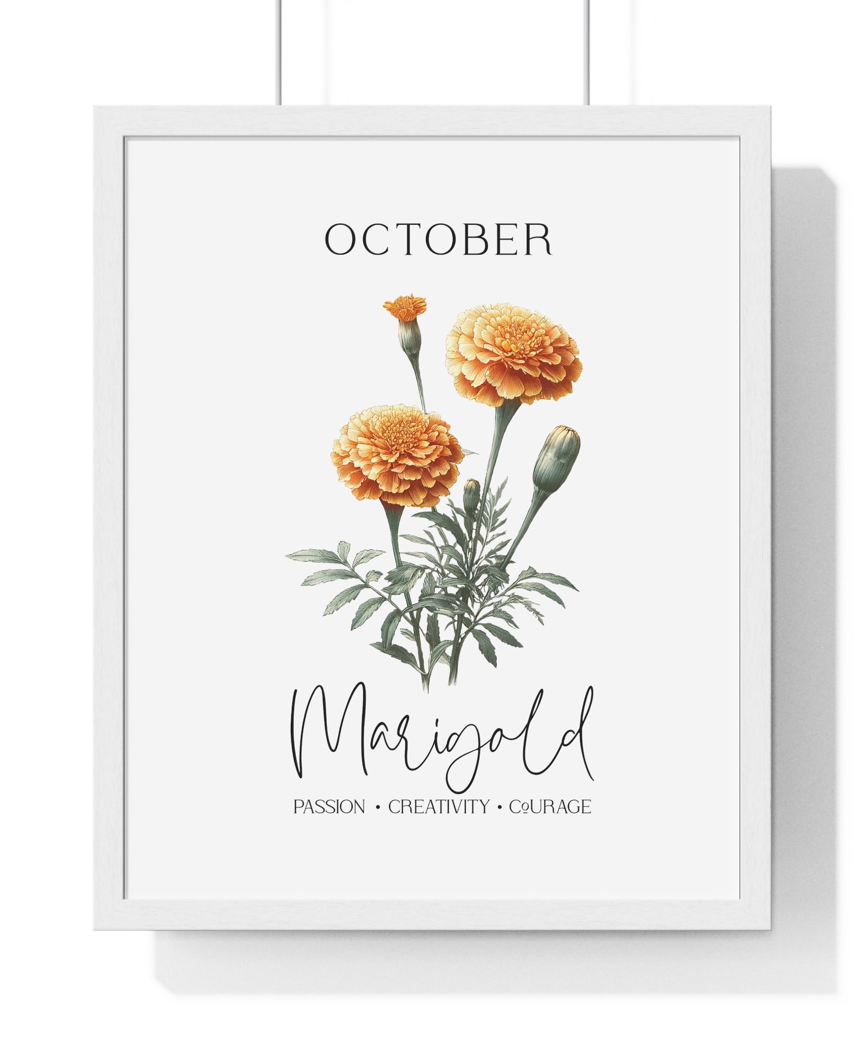 October Birth Month Flower Wall Art – Marigold Illustration in Wooden Frame | Passion, Creativity & Courage