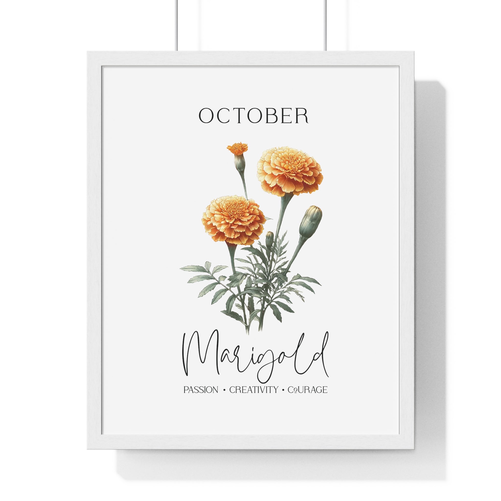 October Birth Month Flower Wall Art – Marigold Illustration in Wooden Frame | Passion, Creativity & Courage