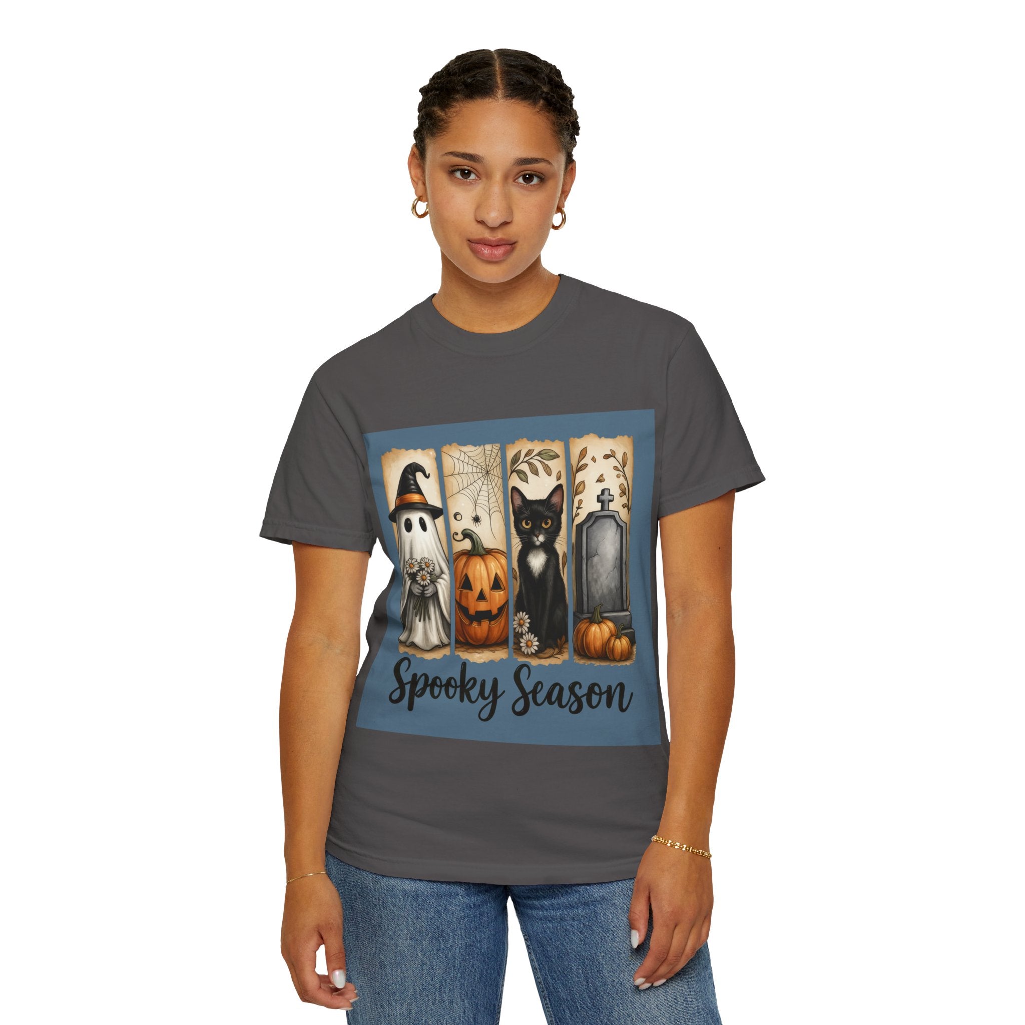 Spooky Season Halloween Unisex T-Shirt – Ghost, Cat & Pumpkin Design - Gallory Hive
