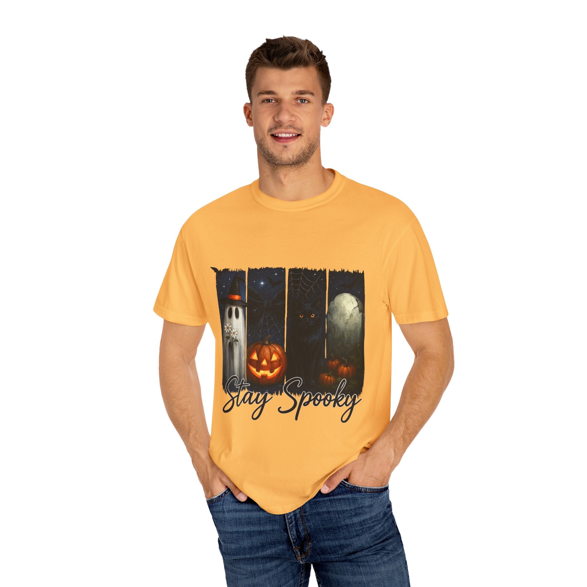 Stay Spooky Halloween T-Shirt – Cute Ghost, Black Cat, Pumpkin & Graveyard Design