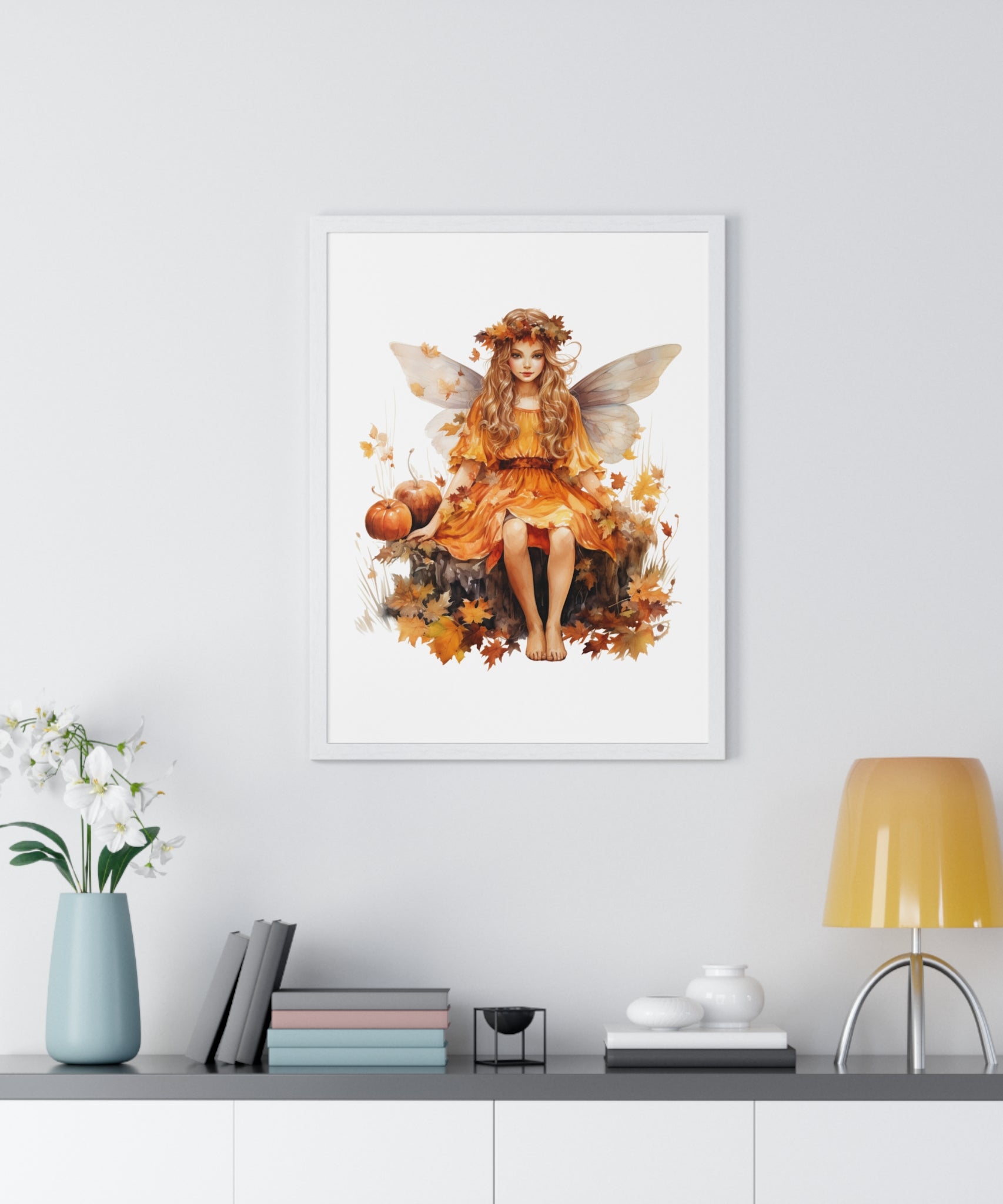 Fall Fairy Wall Art – Orange Dress Woodland Fairy with Pumpkins | Wooden Frame Poster for Autumn Home Decor