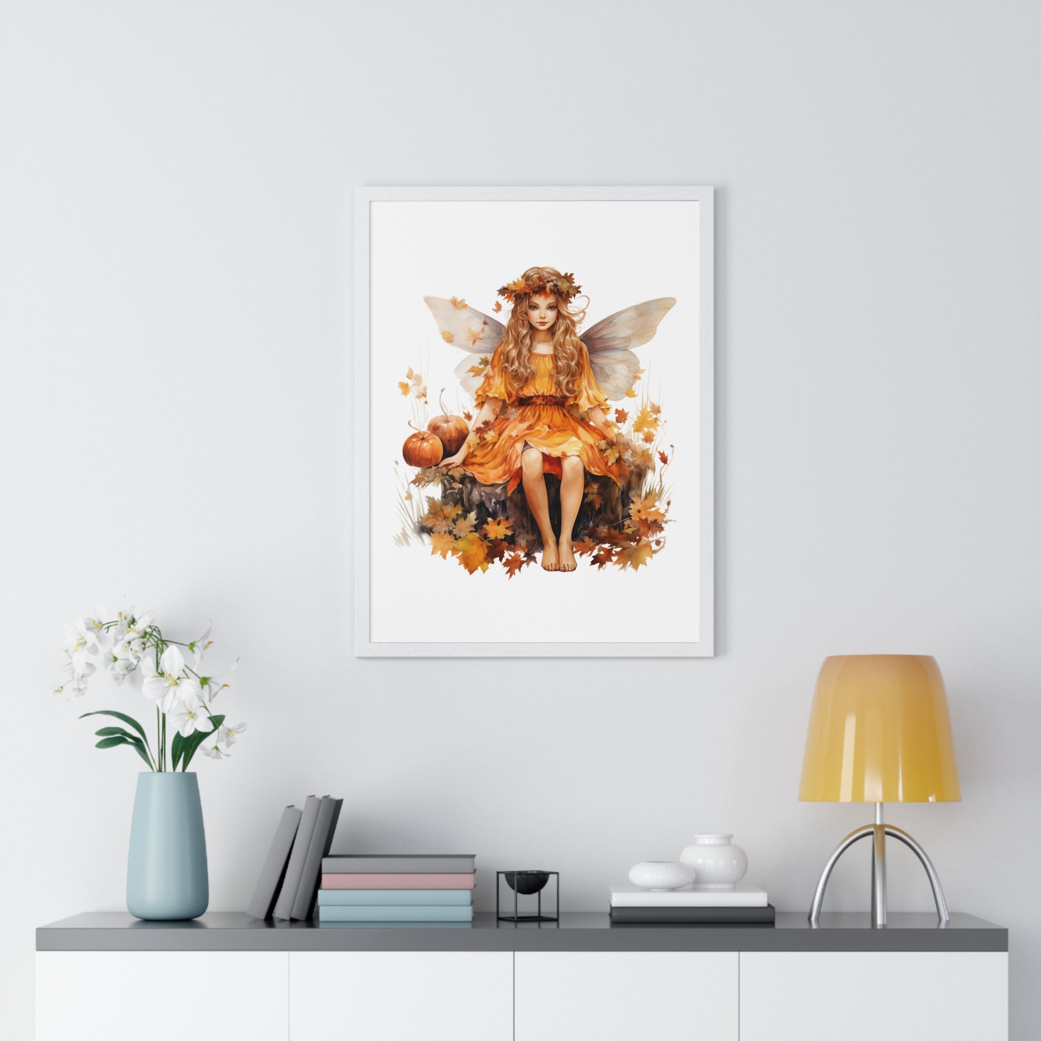 Fall Fairy Wall Art – Orange Dress Woodland Fairy with Pumpkins | Wooden Frame Poster for Autumn Home Decor