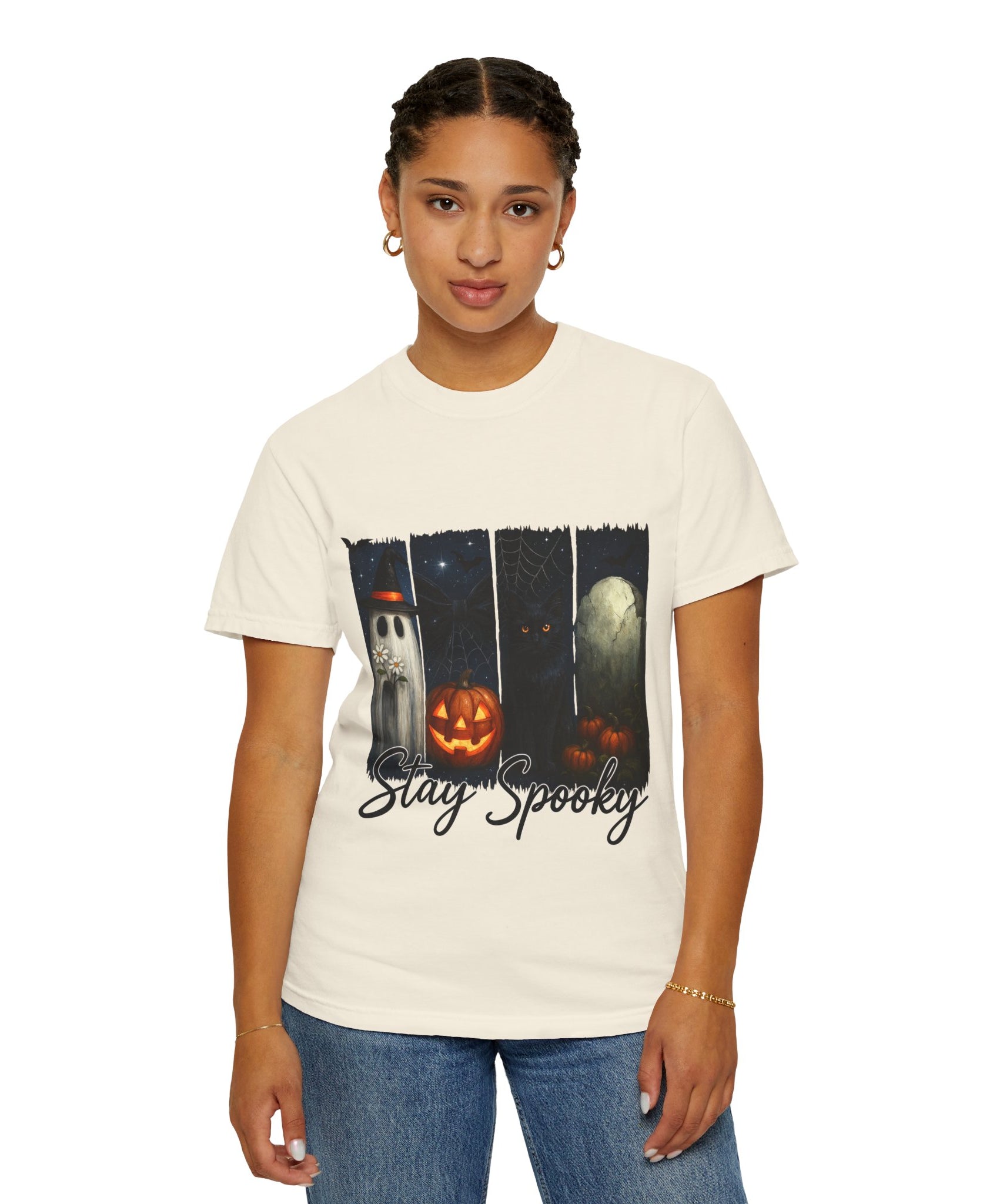 Stay Spooky Halloween T-Shirt – Cute Ghost, Black Cat, Pumpkin & Graveyard Design - Gallory Hive