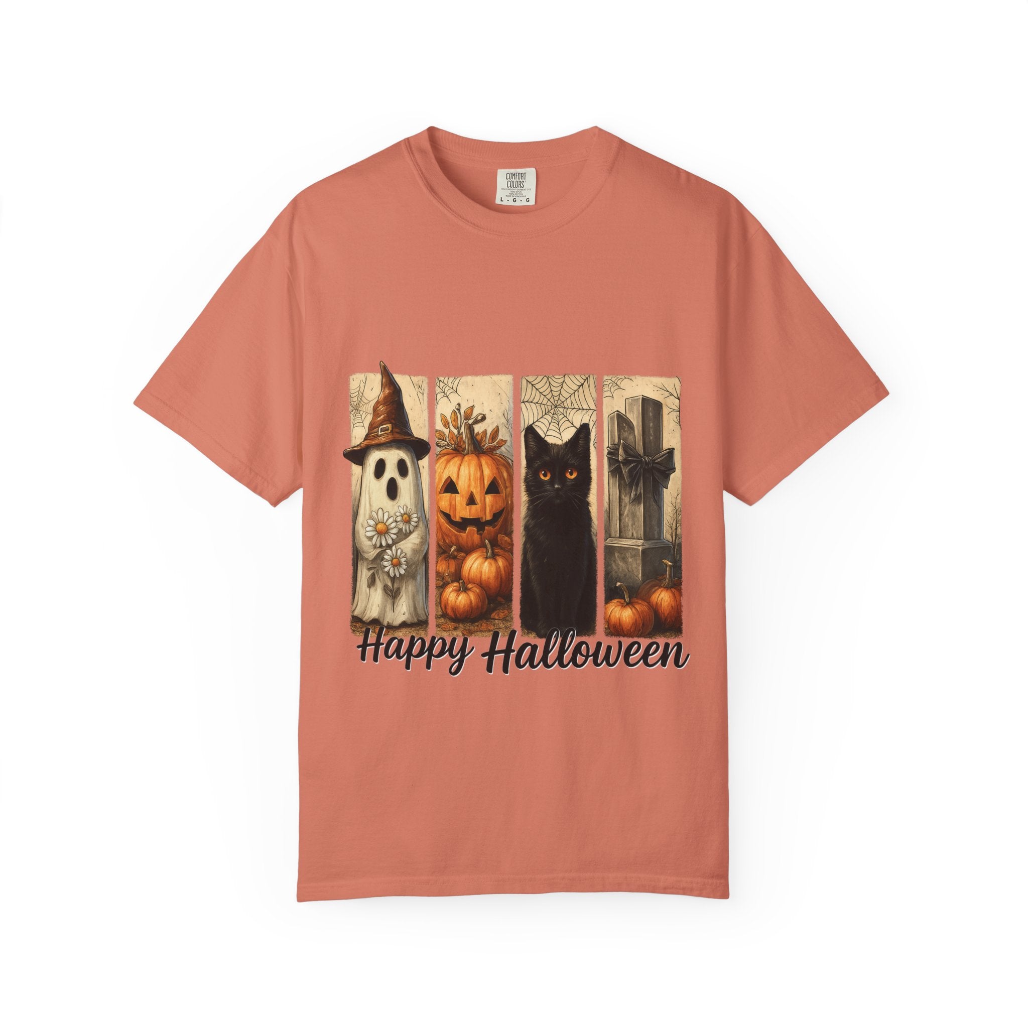 Happy Halloween Unisex T-Shirt – Ghost, Black Cat & Pumpkin Graphic Tee