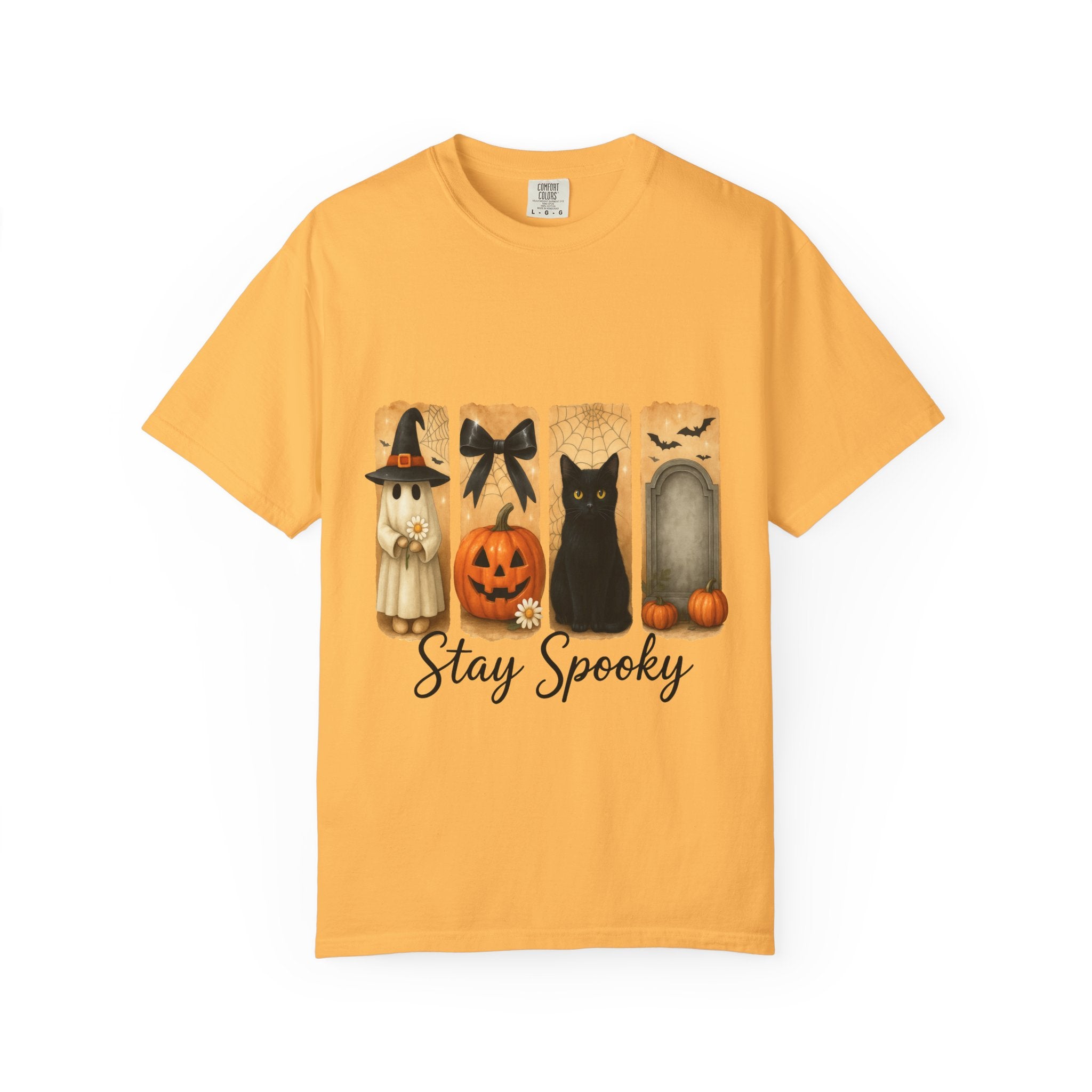 Cute Halloween T-Shirt – Ghost in Witch Hat, Pumpkin, Black Cat & Tombstone Design