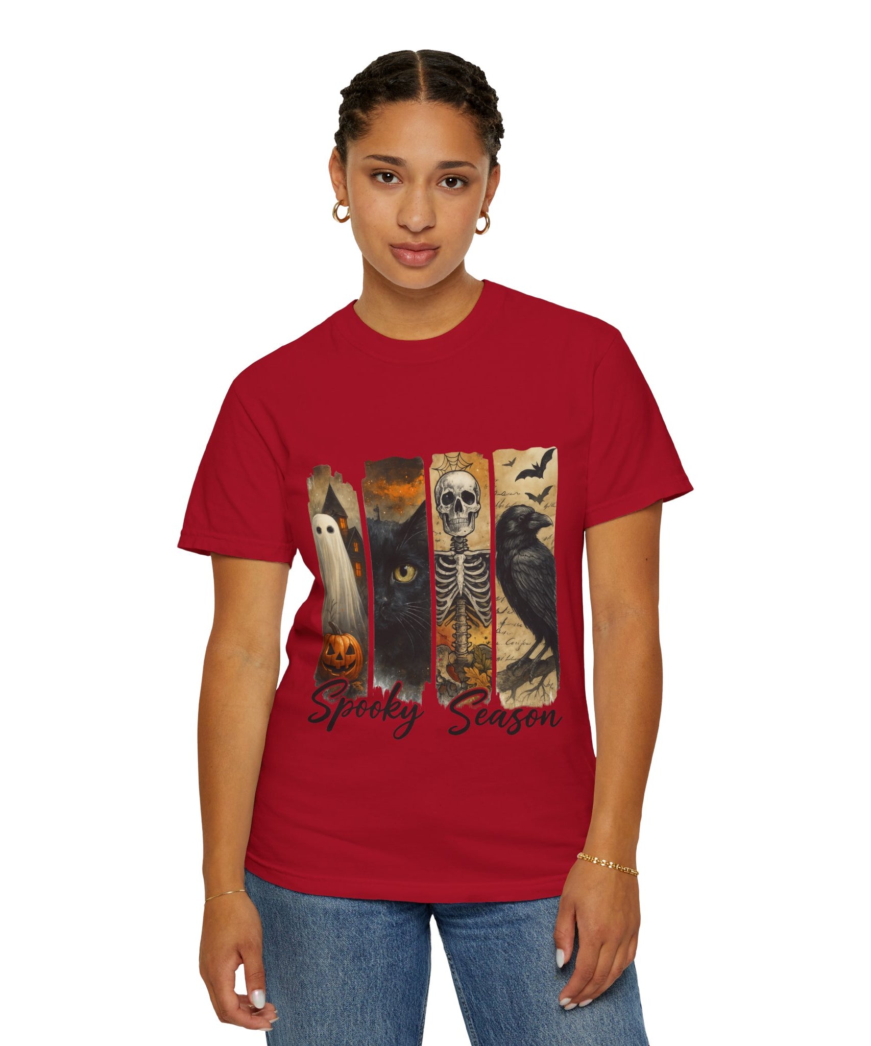 Spooky Season Gothic Halloween T-Shirt – Ghost, Black Cat, Skeleton & Raven Design - Gallory Hive