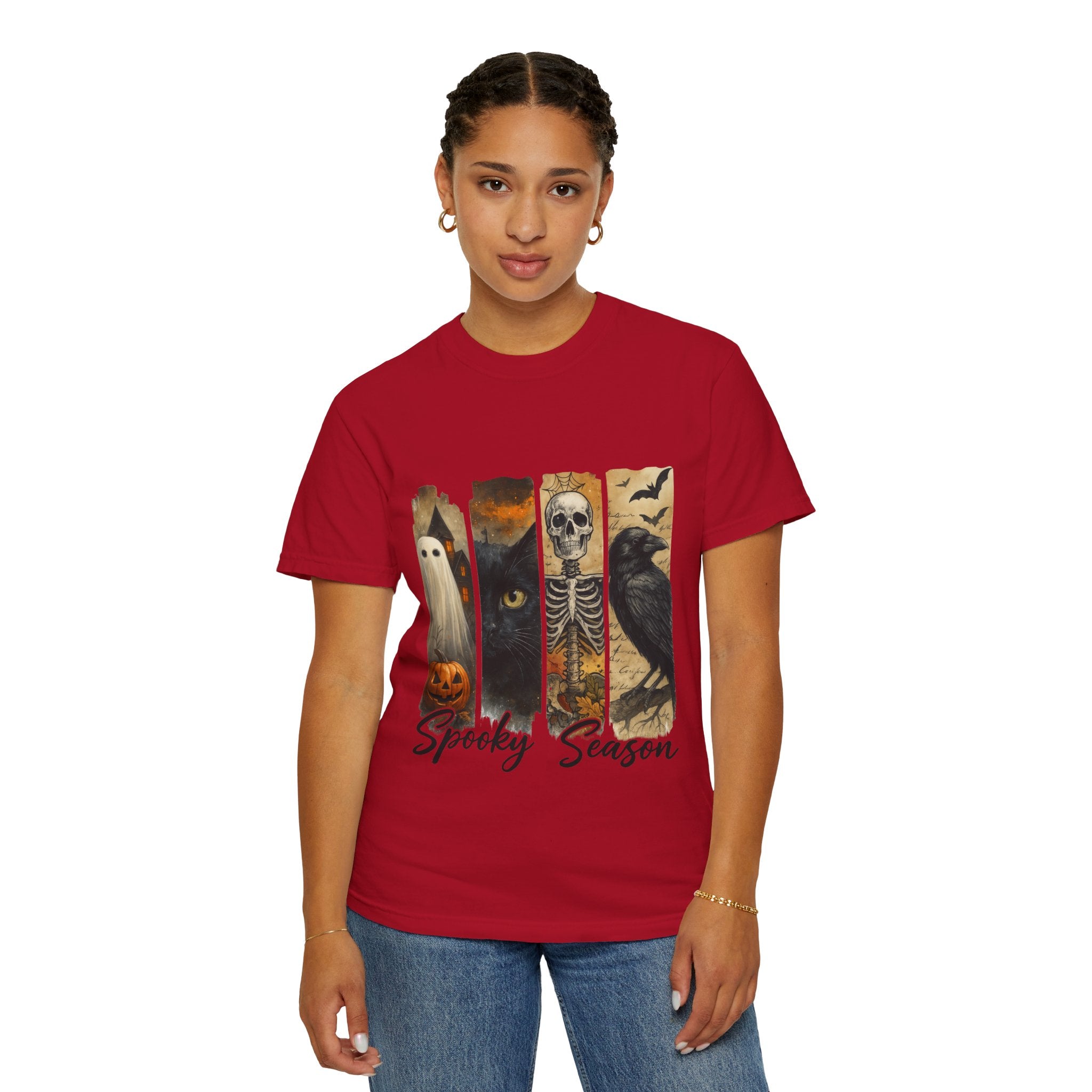 Spooky Season Gothic Halloween T-Shirt – Ghost, Black Cat, Skeleton & Raven Design