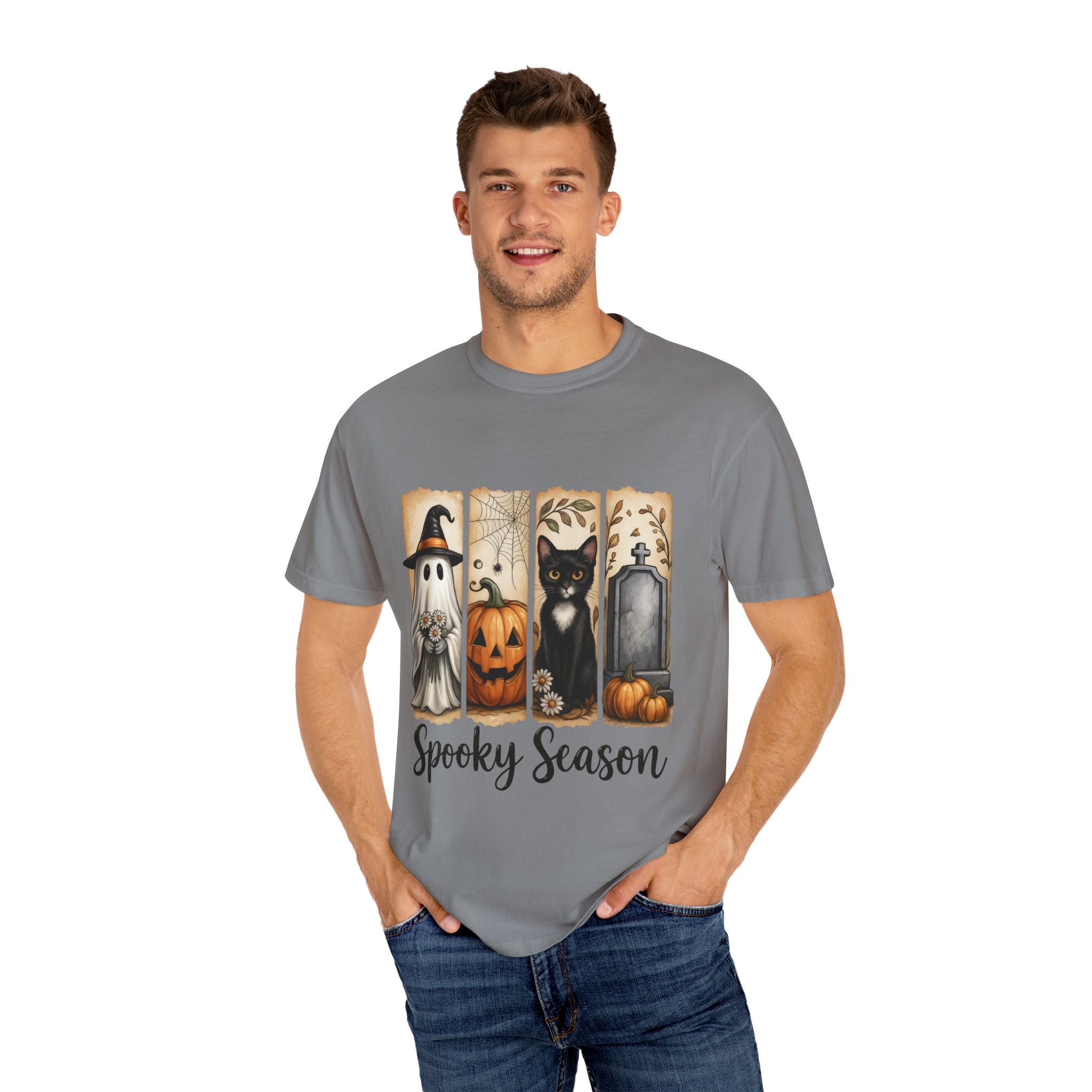 Spooky Season Halloween Unisex T-Shirt – Ghost, Cat & Pumpkin Design