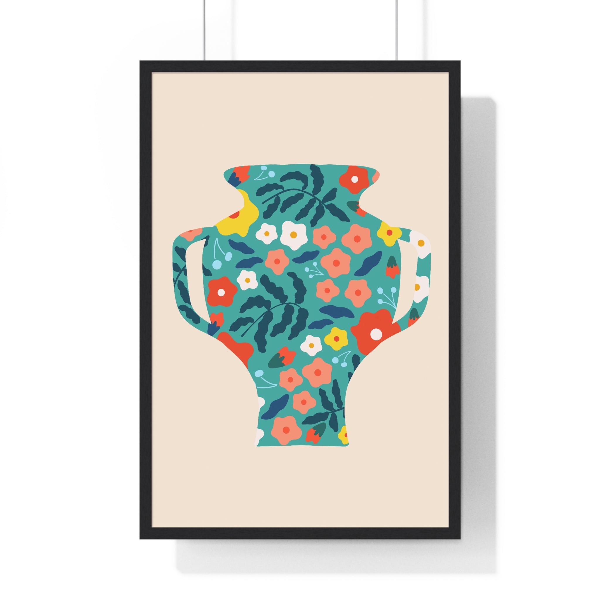 Vibrant Tropical Plant Pot Art on Blue Grid in Premium Frame