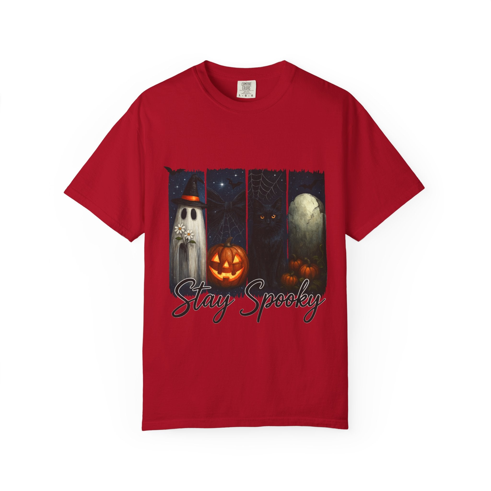 Stay Spooky Halloween T-Shirt – Cute Ghost, Black Cat, Pumpkin & Graveyard Design