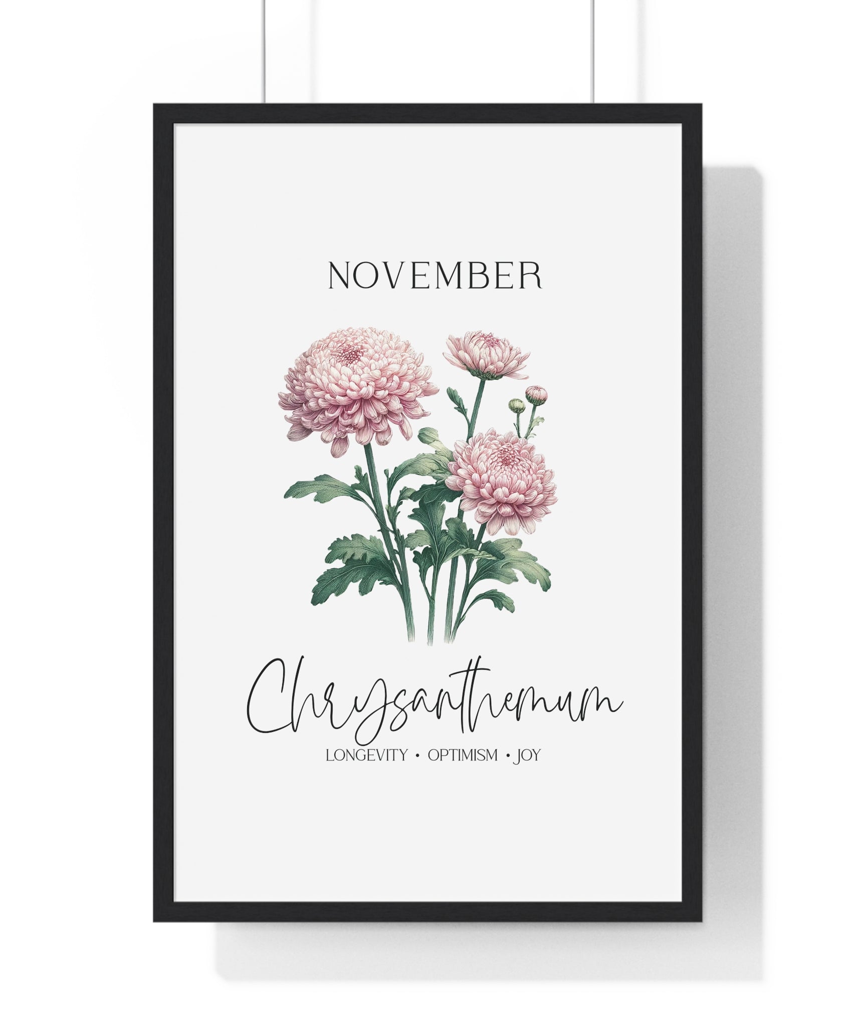 November Birth Month Flower Wall Art – Chrysanthemum Illustration in Wooden Frame | Longevity, Optimism & Joy