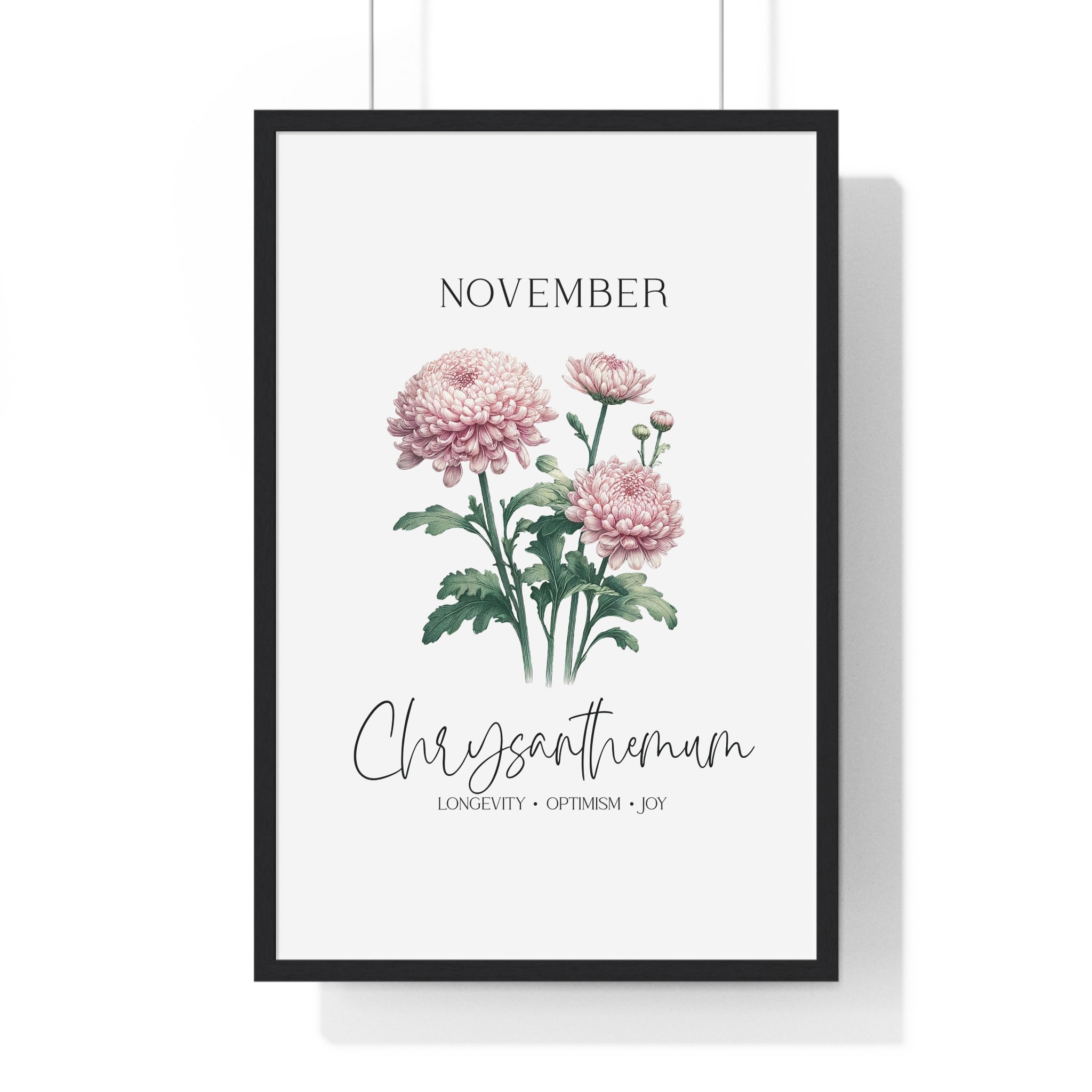 November Birth Month Flower Wall Art – Chrysanthemum Illustration in Wooden Frame | Longevity, Optimism & Joy