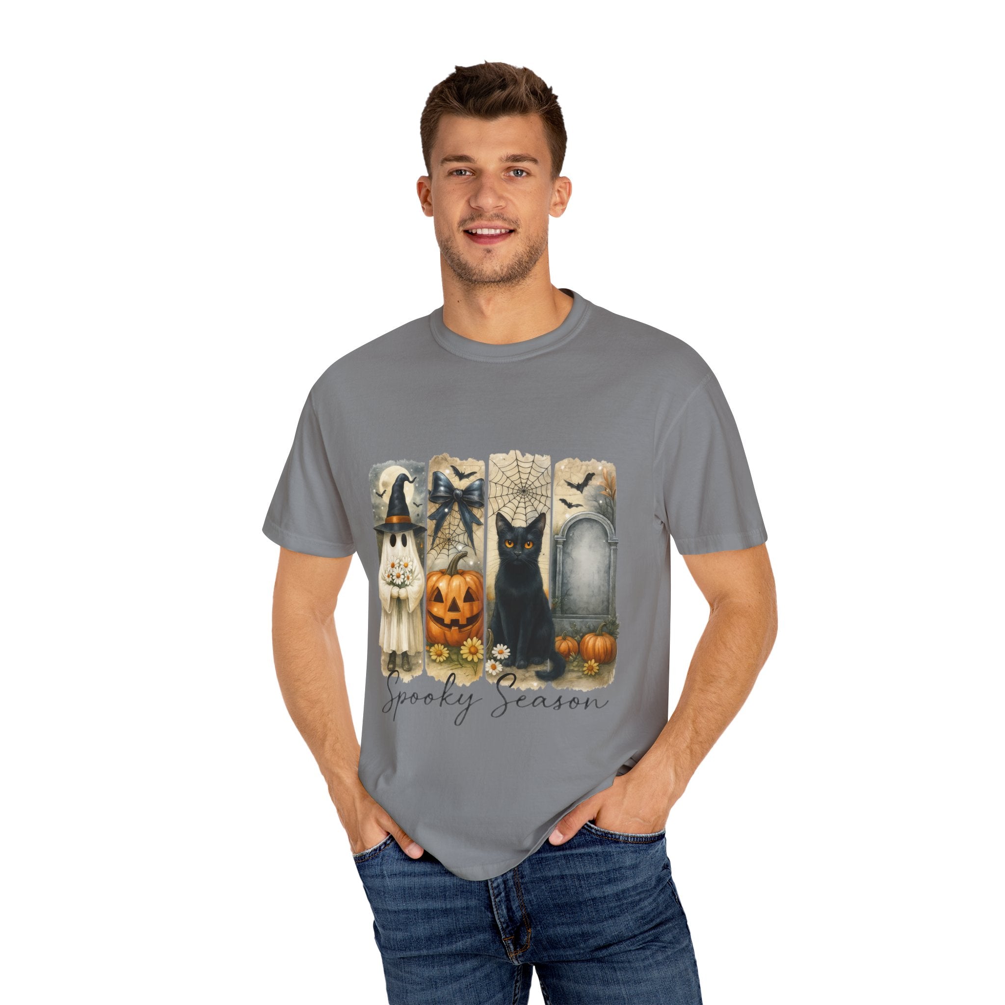 Spooky Season Halloween Unisex T-Shirt – Ghost, Black Cat & Pumpkin Design
