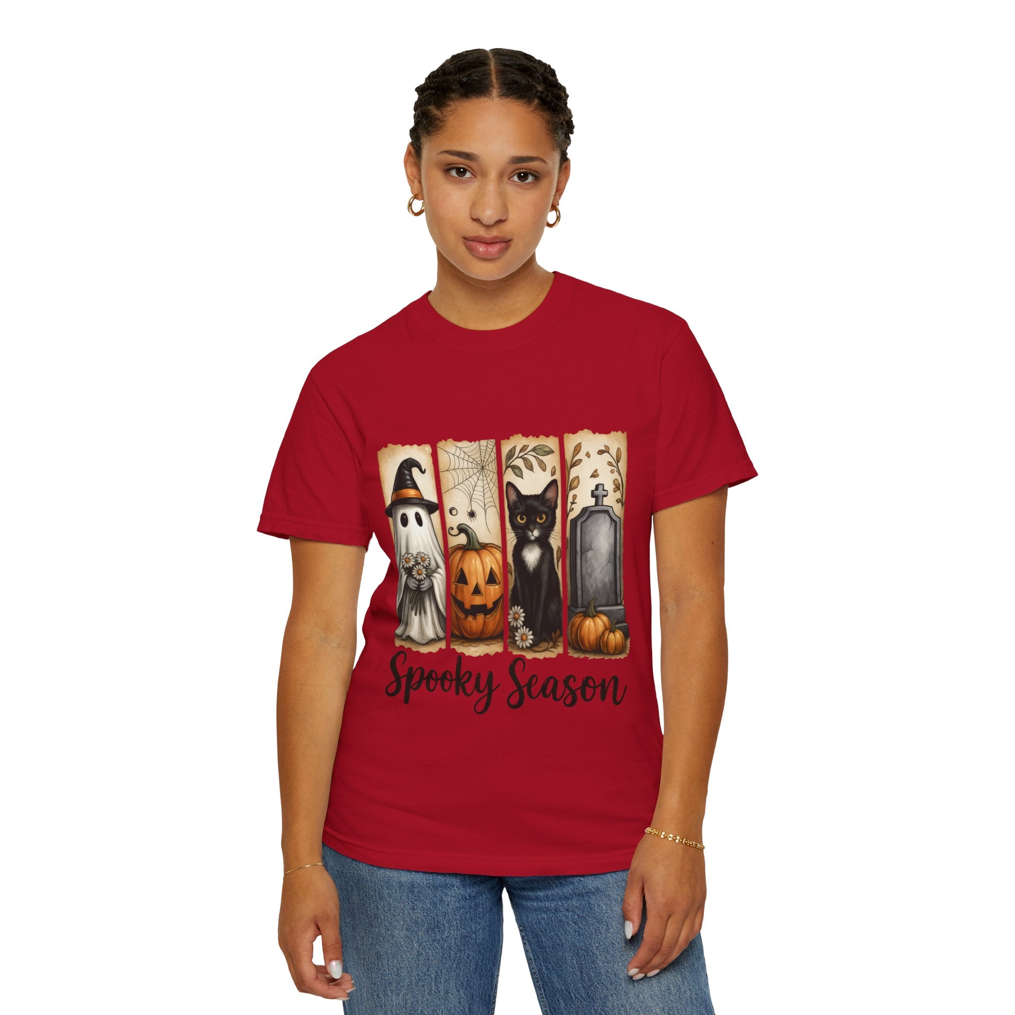 Spooky Season Halloween Unisex T-Shirt – Ghost, Cat & Pumpkin Design - Gallory Hive