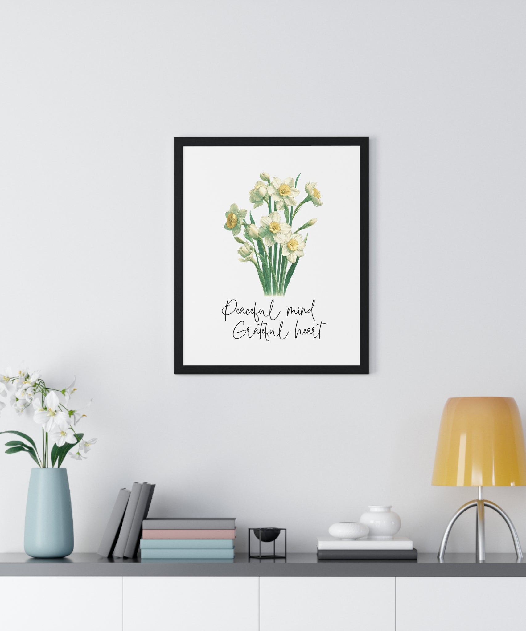 December Birth Month Flower Wall Art – Narcissus Illustration with Inspirational Quote in Wooden Frame | Peaceful Mind & Grateful Heart