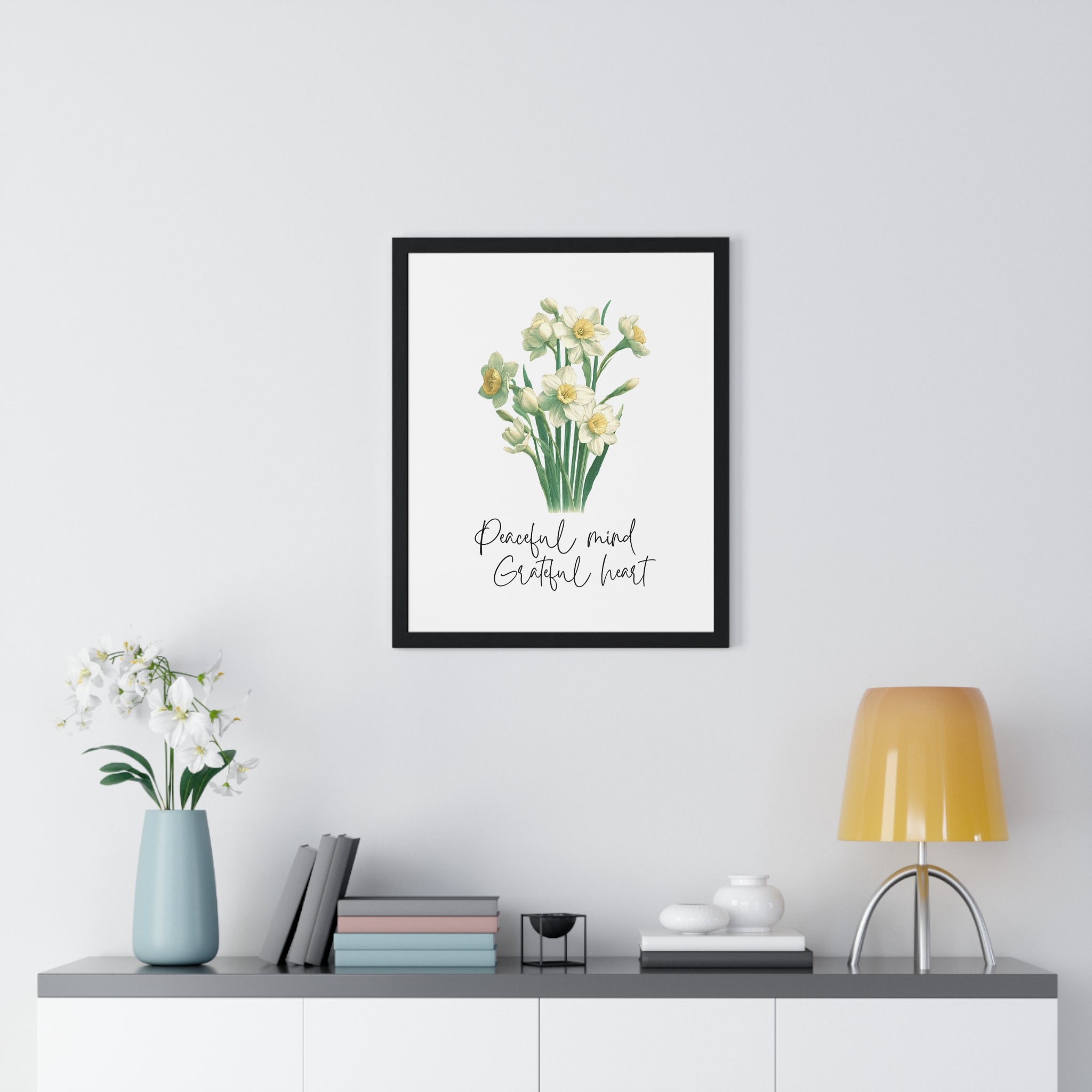 December Birth Month Flower Wall Art – Narcissus Illustration with Inspirational Quote in Wooden Frame | Peaceful Mind & Grateful Heart