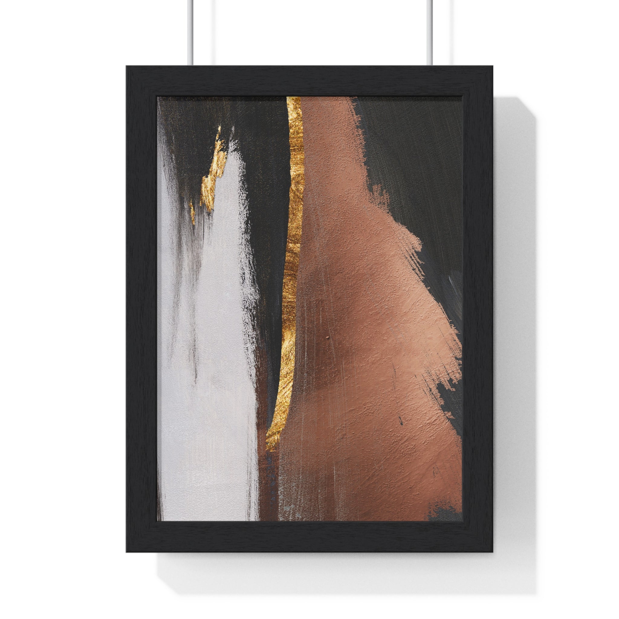Modern Abstract Wall Art – Bold Black, Copper & Gold Textured Poster on Wooden Frame – Luxury Canvas Print for Home or Office