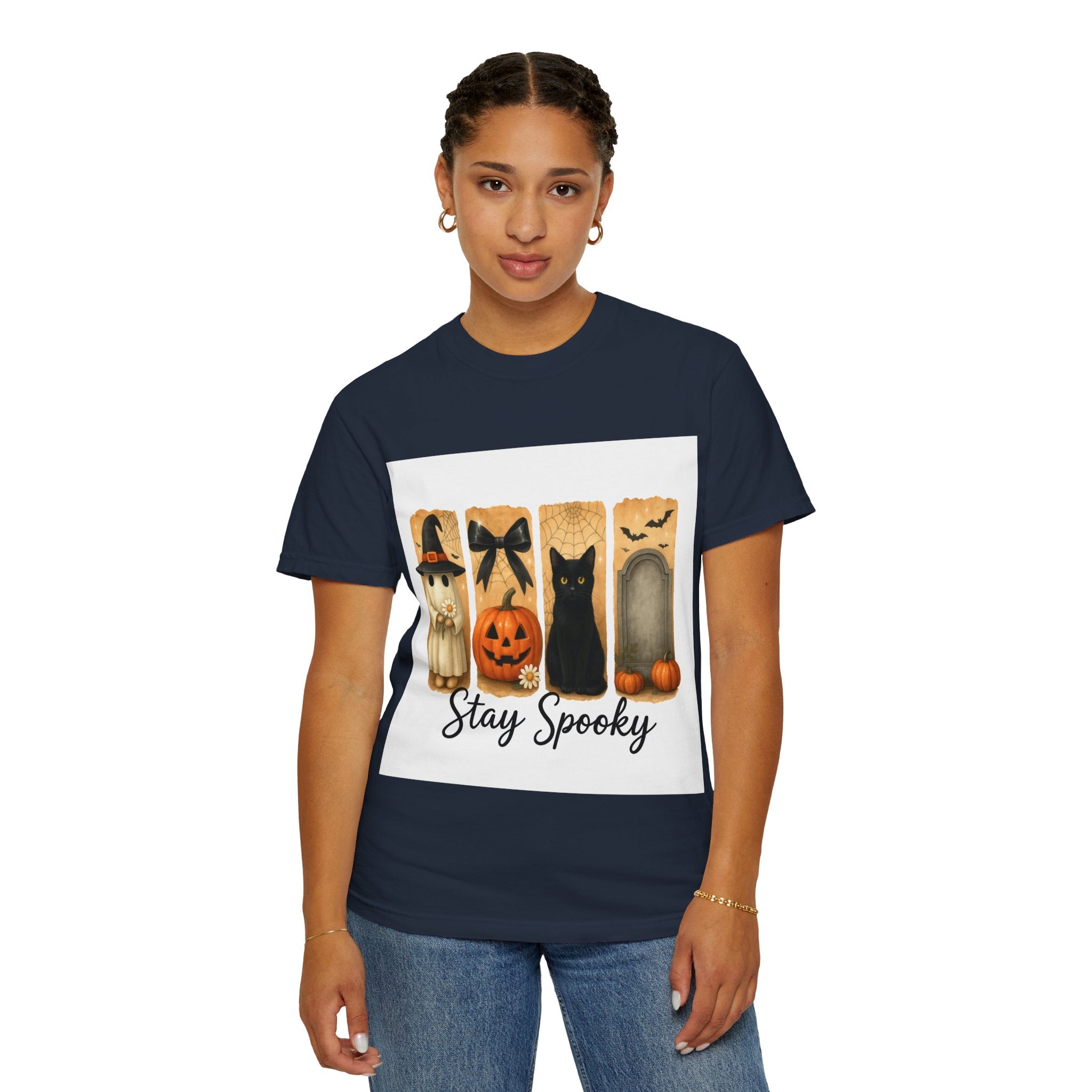 Cute Halloween T-Shirt – Ghost in Witch Hat, Pumpkin, Black Cat & Tombstone Design - Gallory Hive