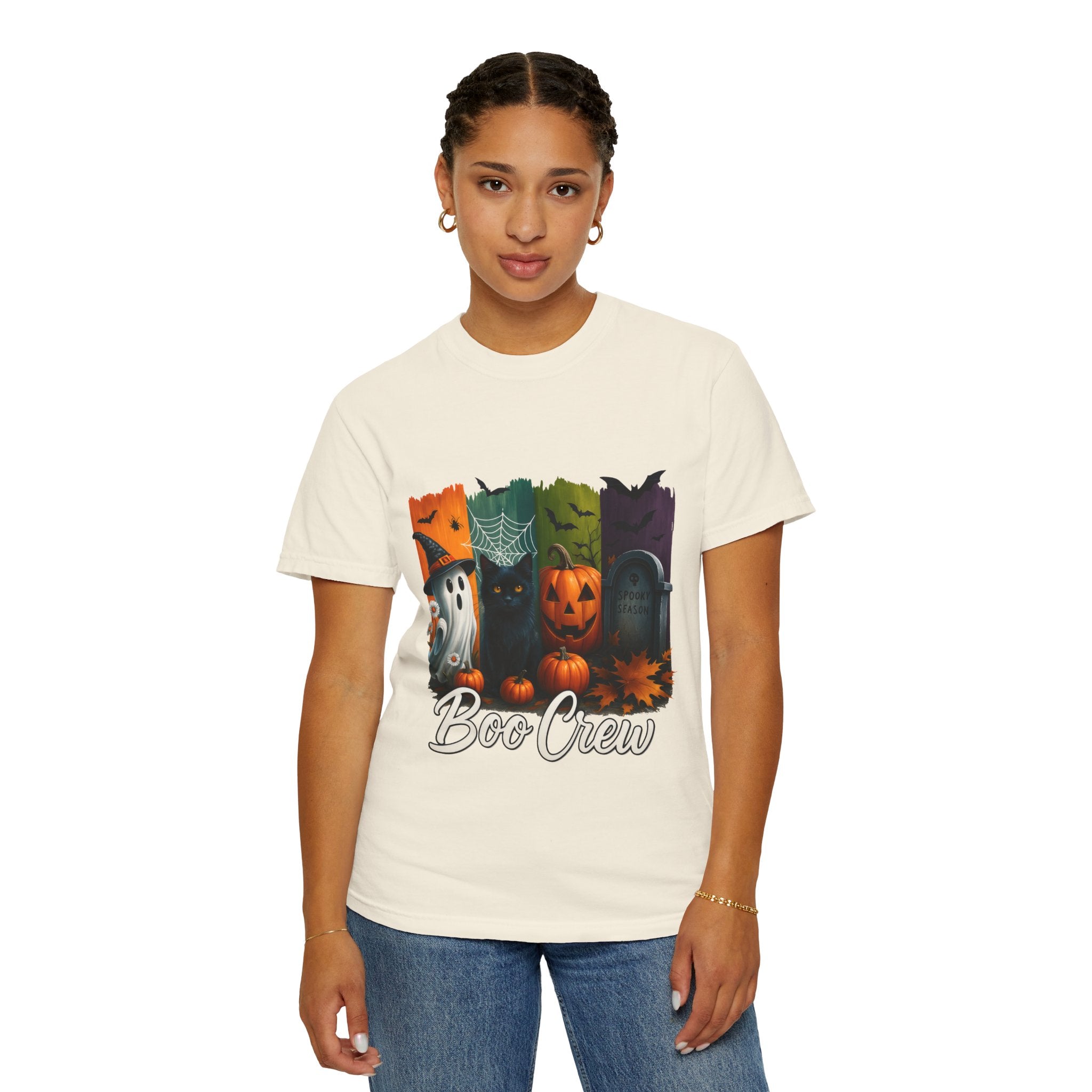 Boo Crew Halloween Unisex T-Shirt – Cute Ghost, Black Cat, Pumpkin & Tombstone Design