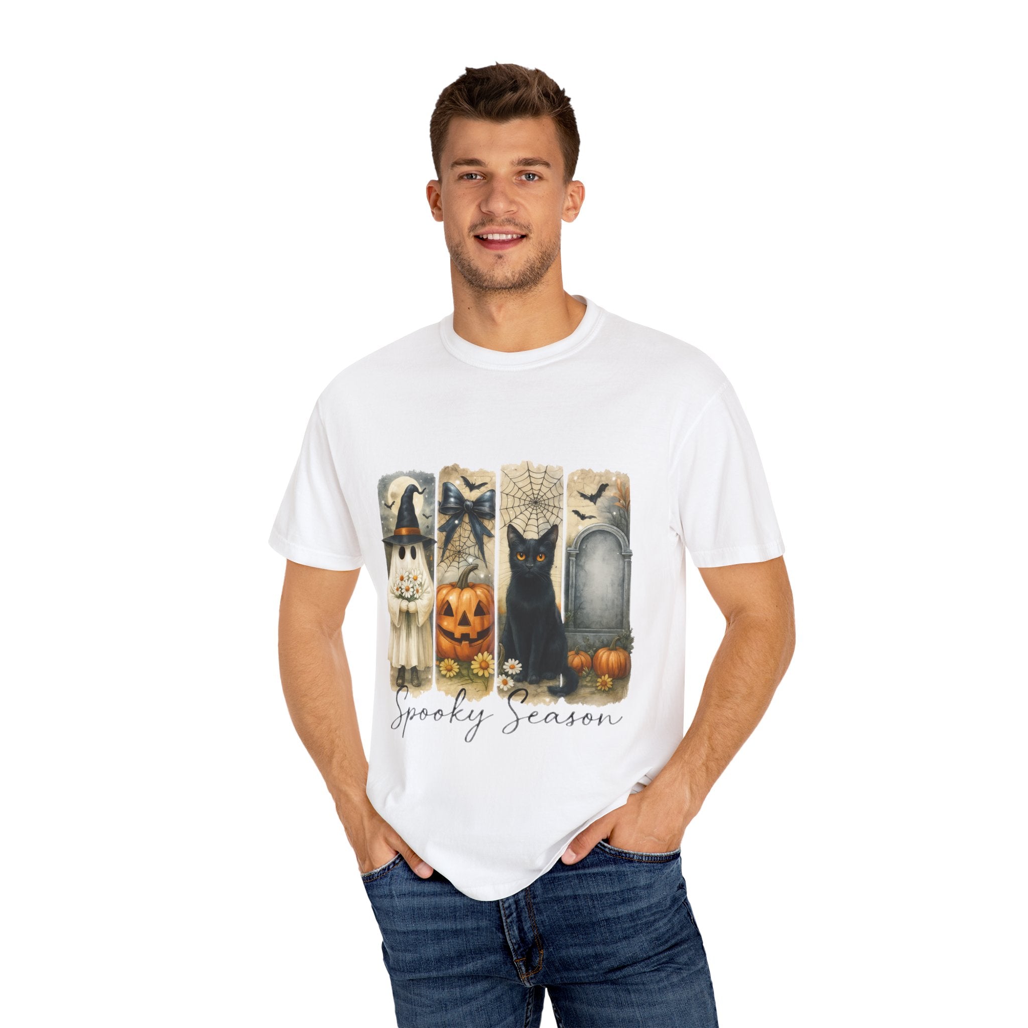 Spooky Season Halloween Unisex T-Shirt – Ghost, Black Cat & Pumpkin Design