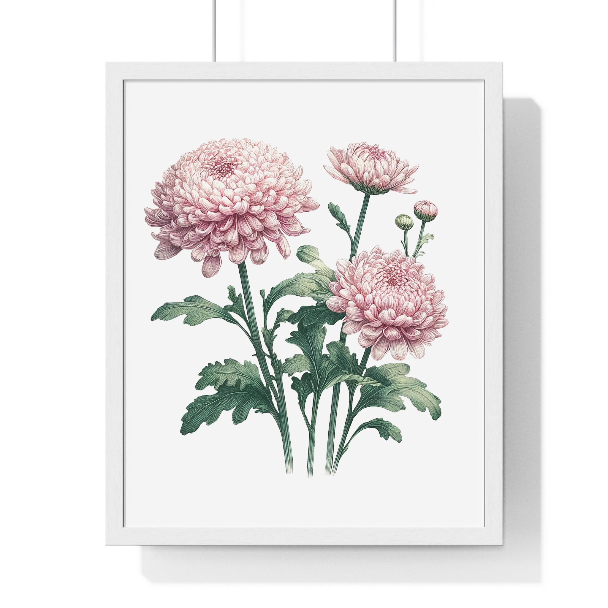 November Birth Month Flower Wall Art – Pink Chrysanthemum Illustration in Wooden Frame | Loyalty, Love & Joy