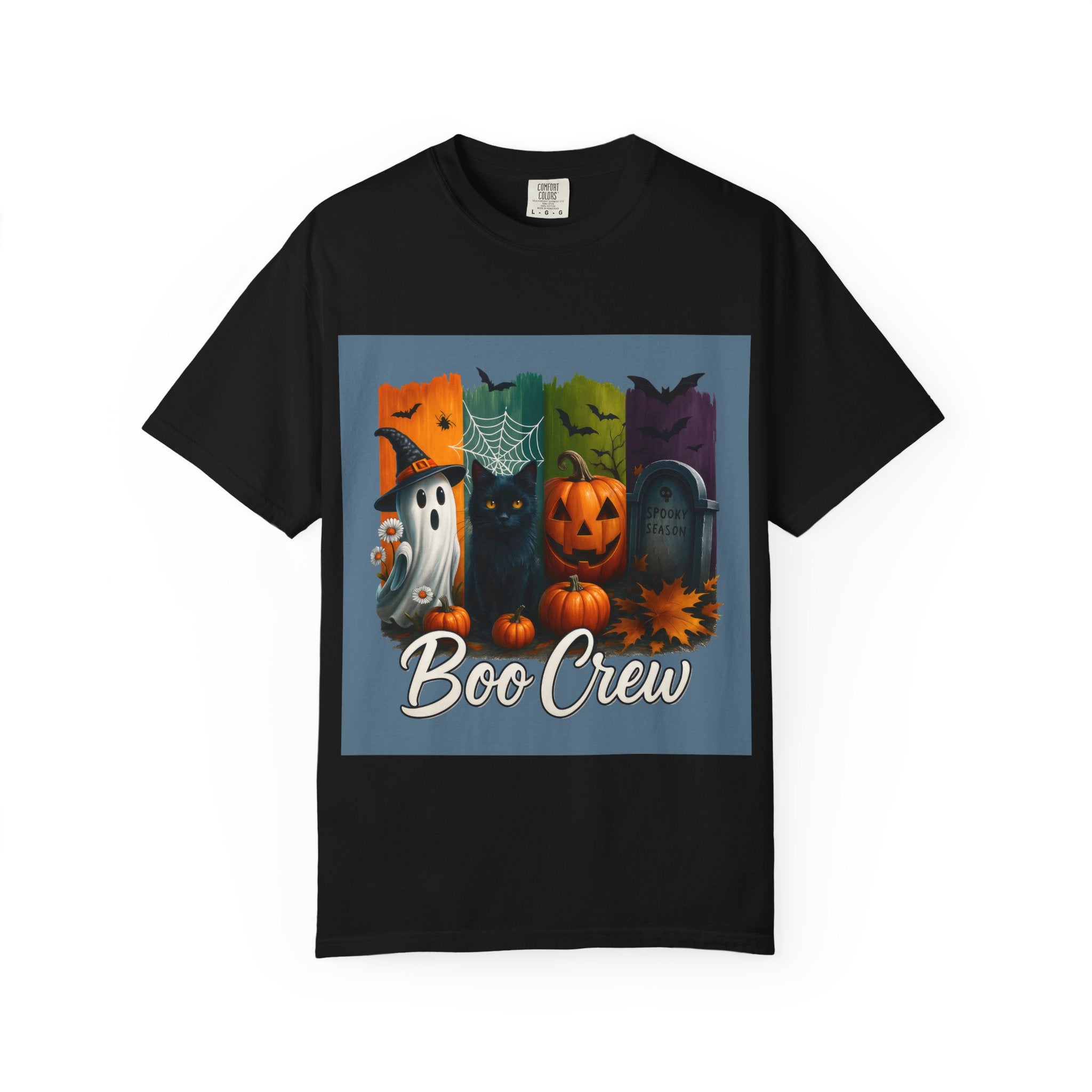 Boo Crew Halloween Unisex T-Shirt – Cute Ghost, Black Cat, Pumpkin & Tombstone Design