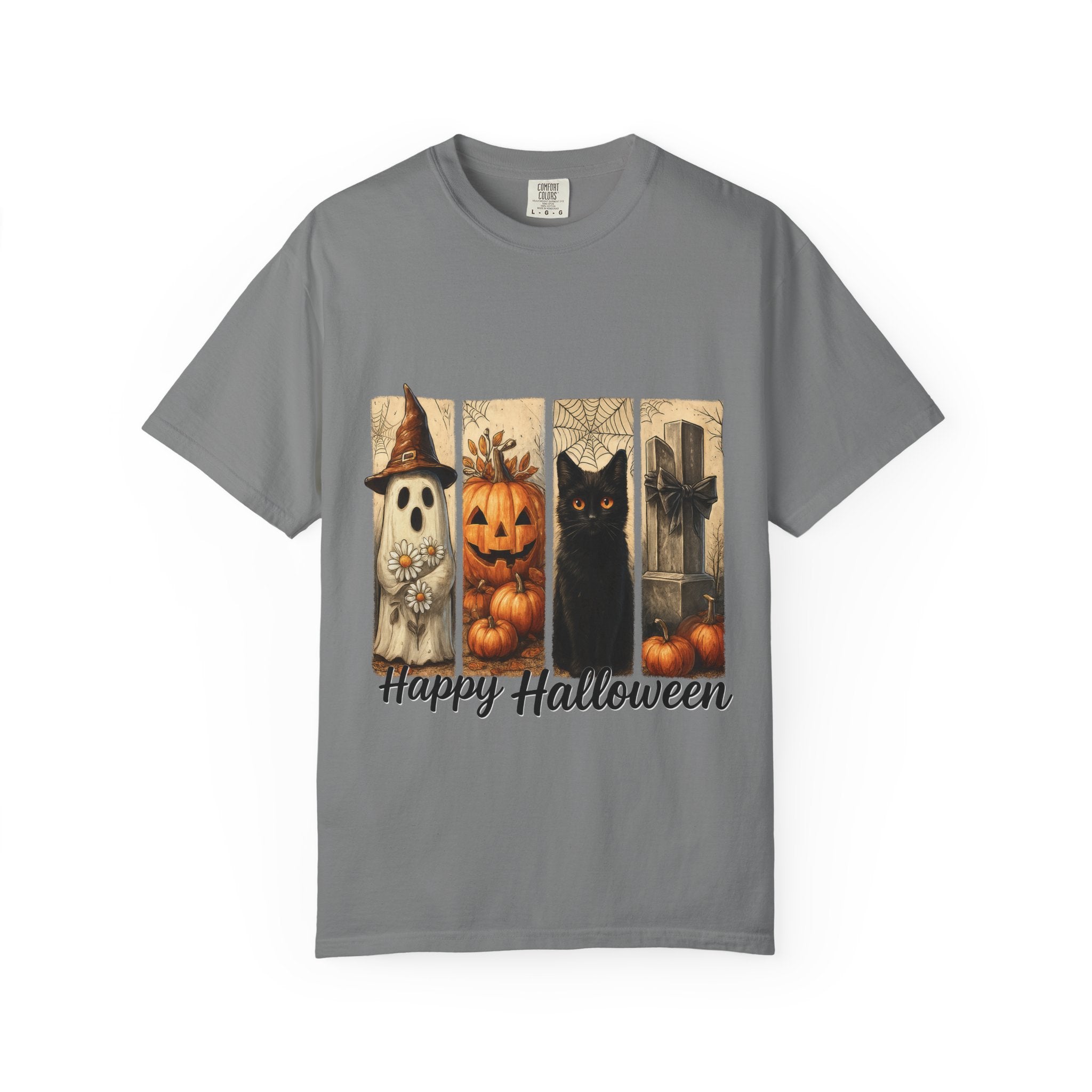 Happy Halloween Unisex T-Shirt – Ghost, Black Cat & Pumpkin Graphic Tee