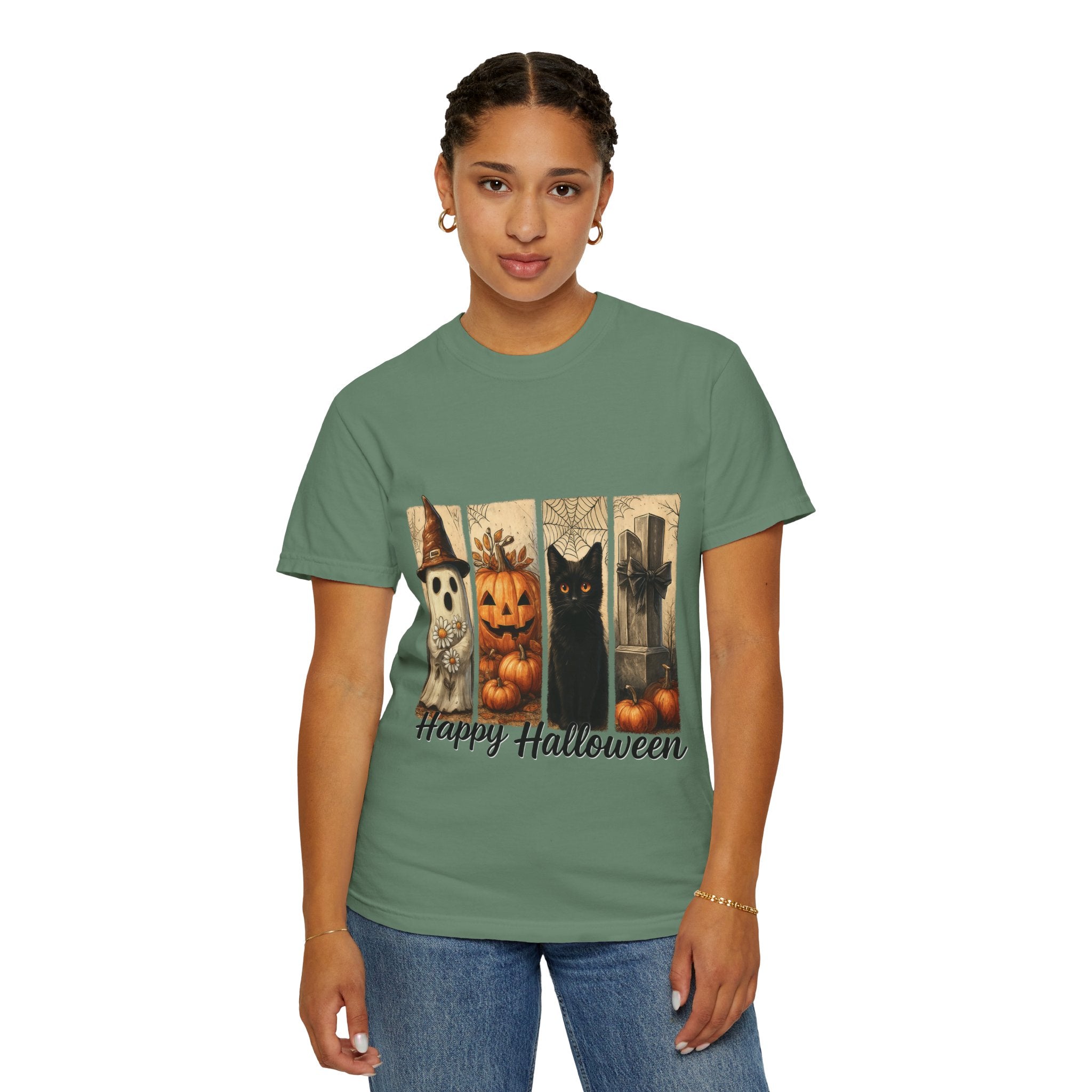 Happy Halloween Unisex T-Shirt – Ghost, Black Cat & Pumpkin Graphic Tee