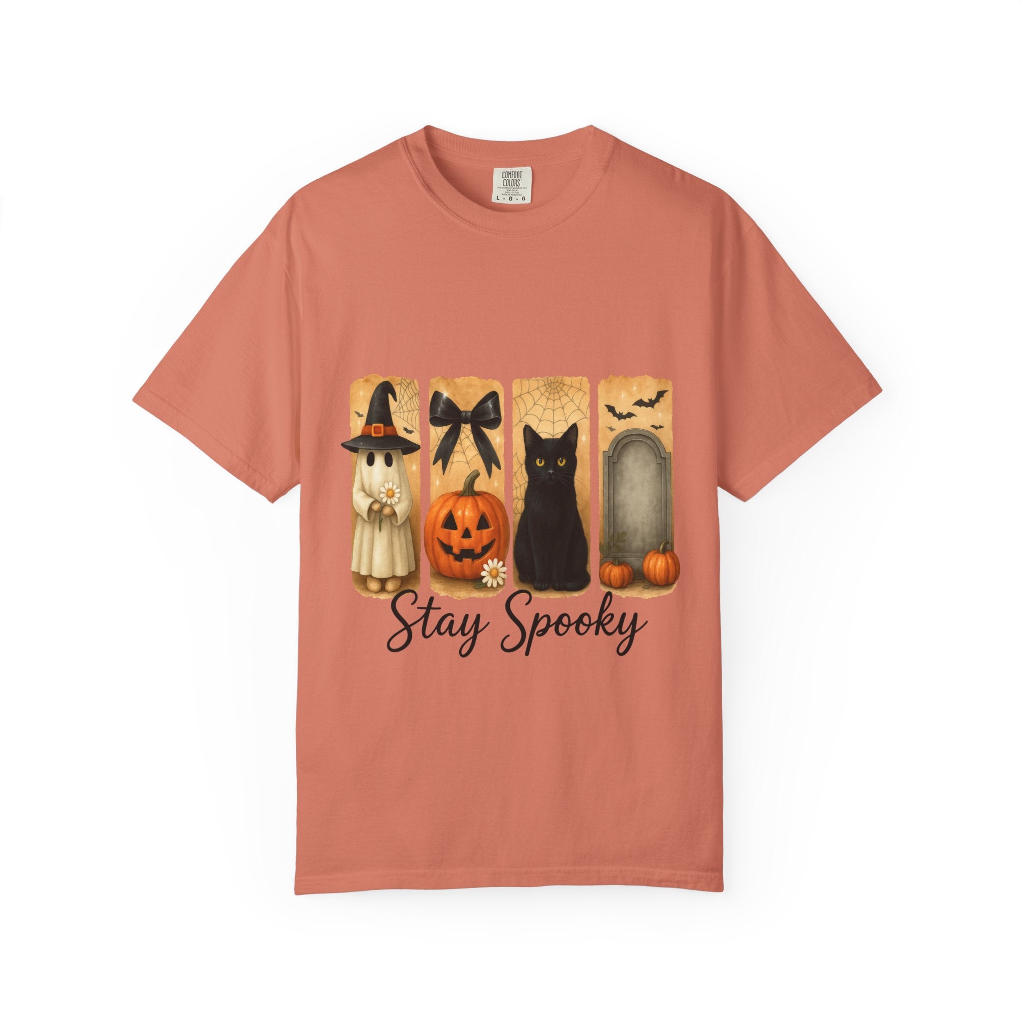 Cute Halloween T-Shirt – Ghost in Witch Hat, Pumpkin, Black Cat & Tombstone Design