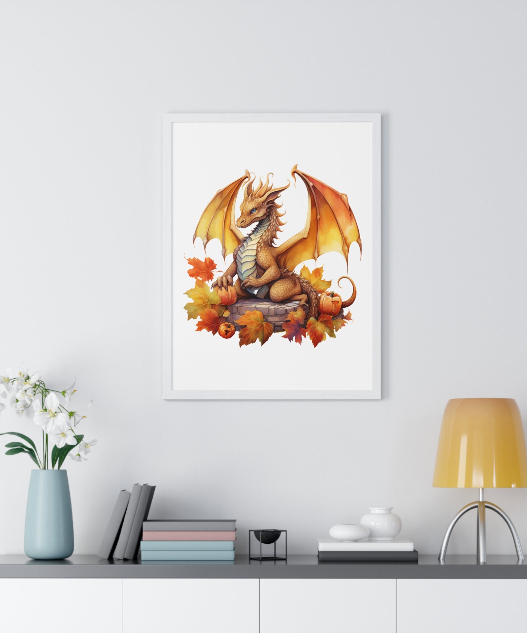 Autumn Dragon Wall Art – Fantasy Fall Decor with Pumpkins