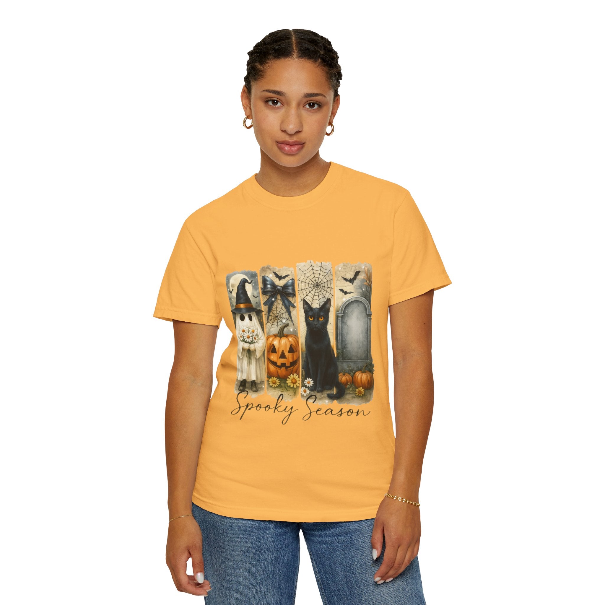 Spooky Season Halloween Unisex T-Shirt – Ghost, Black Cat & Pumpkin Design