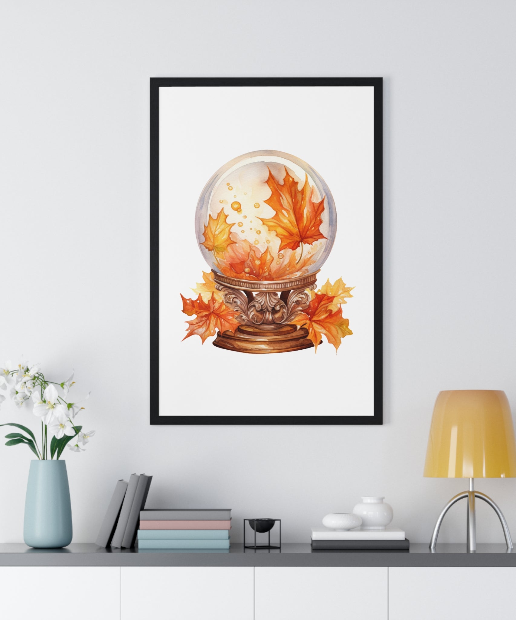 Floating Leaves Snow Globe Wall Art – Ornate Autumn Fantasy Poster | Wooden Frame Seasonal Home Decor