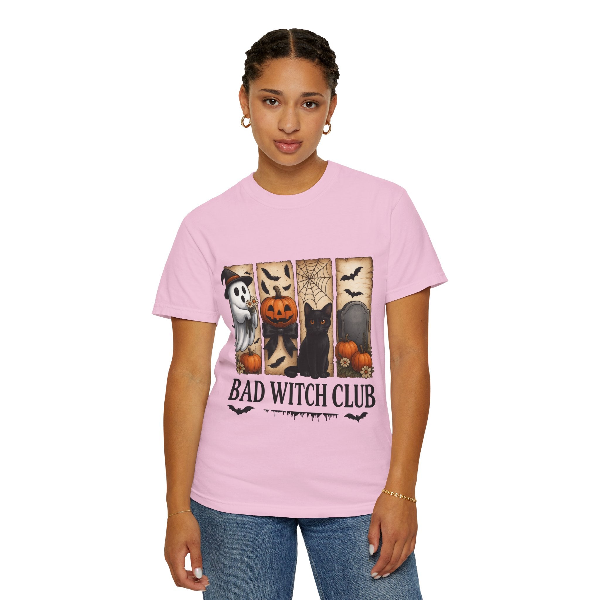 Bad Witch Club Halloween T-Shirt – Cute Ghost, Black Cat, Pumpkin & Spooky Gothic Design