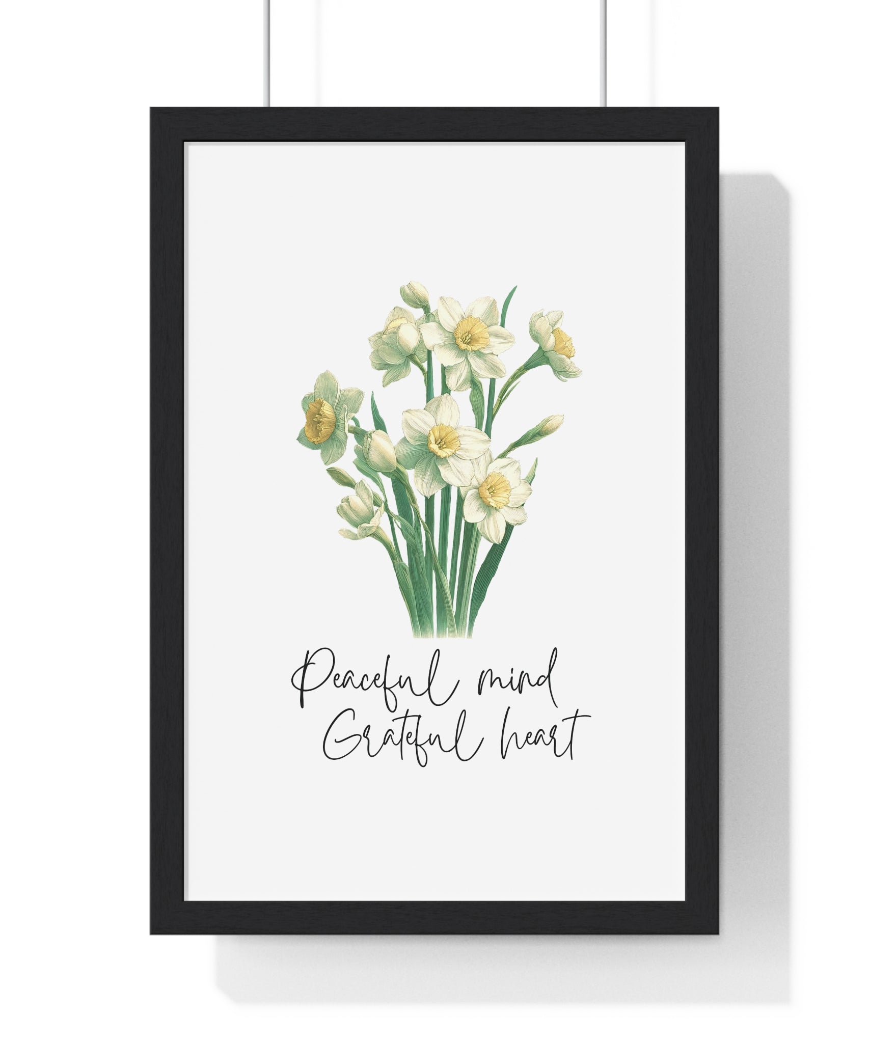 December Birth Month Flower Wall Art – Narcissus Illustration with Inspirational Quote in Wooden Frame | Peaceful Mind & Grateful Heart