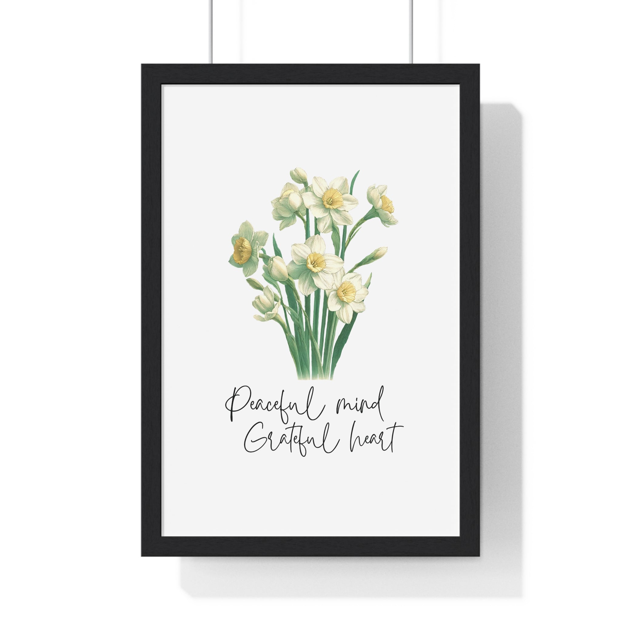 December Birth Month Flower Wall Art – Narcissus Illustration with Inspirational Quote in Wooden Frame | Peaceful Mind & Grateful Heart