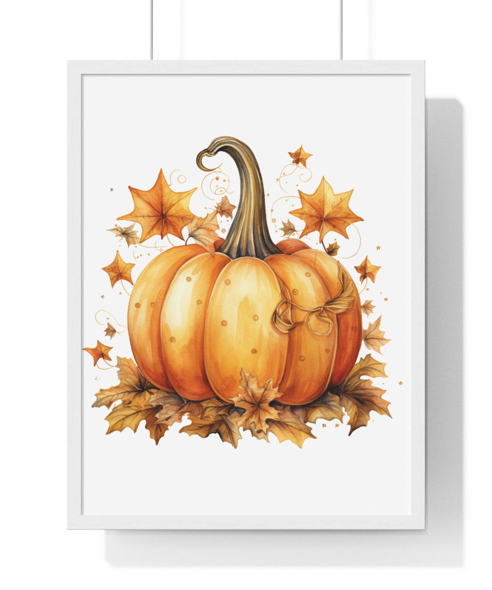 Decorative Autumn Pumpkin Wall Art – Bow-Tied Harvest Poster with Leaves & Swirls | Wooden Frame Fall Decor
