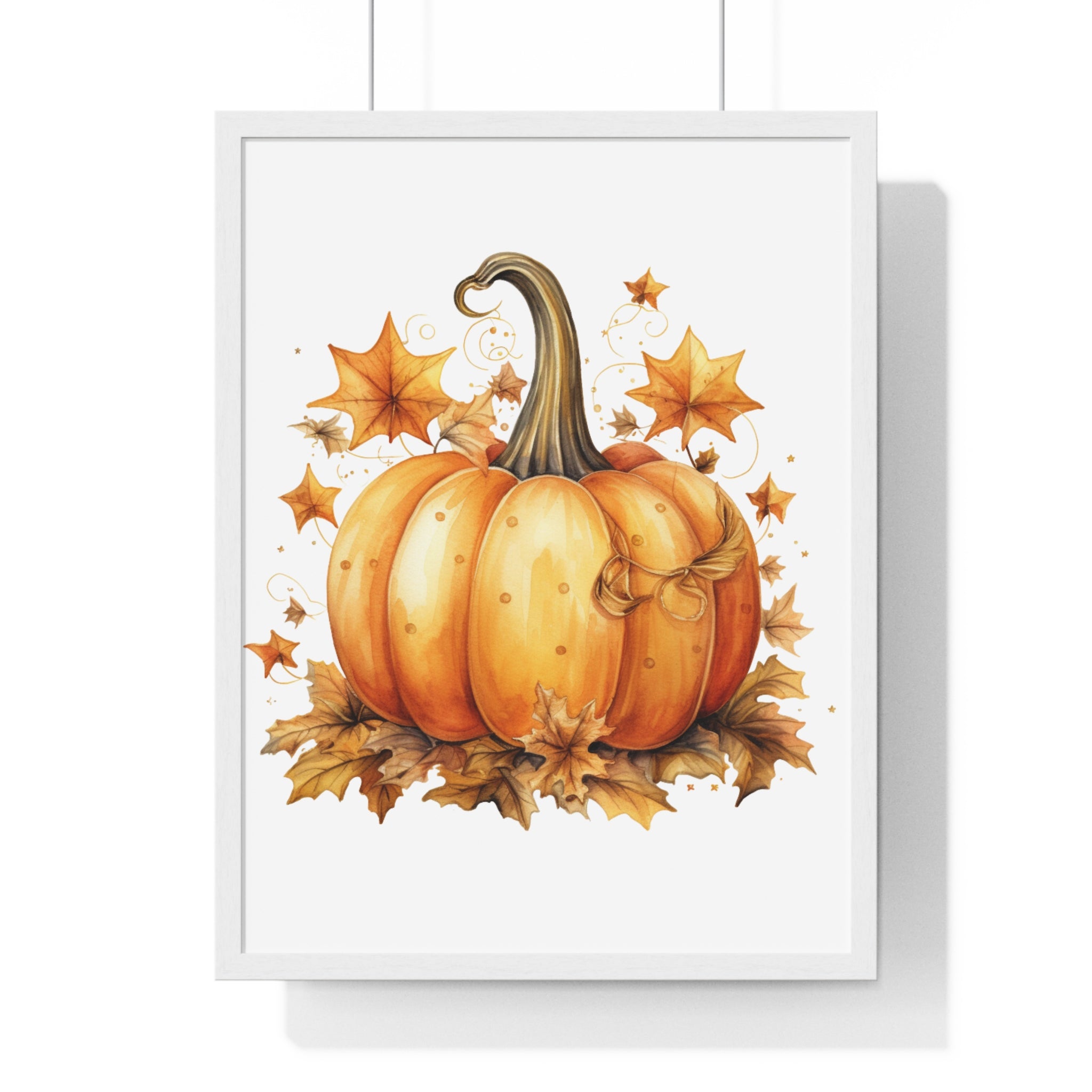Decorative Autumn Pumpkin Wall Art – Bow-Tied Harvest Poster with Leaves & Swirls | Wooden Frame Fall Decor