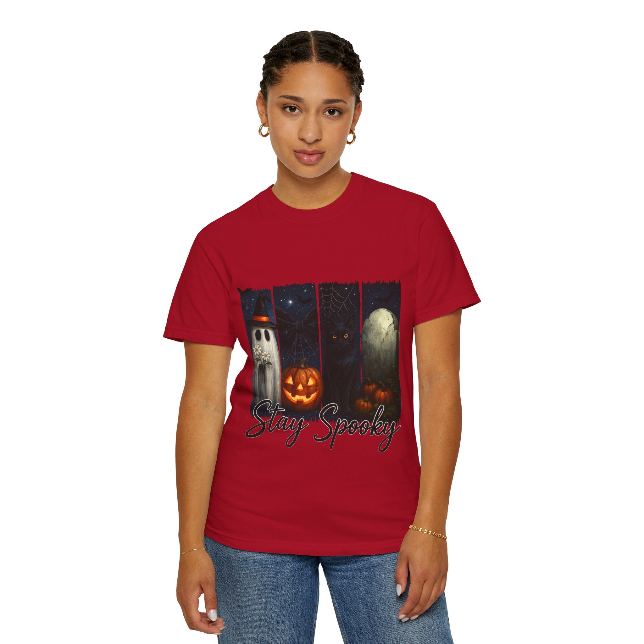 Stay Spooky Halloween T-Shirt – Cute Ghost, Black Cat, Pumpkin & Graveyard Design