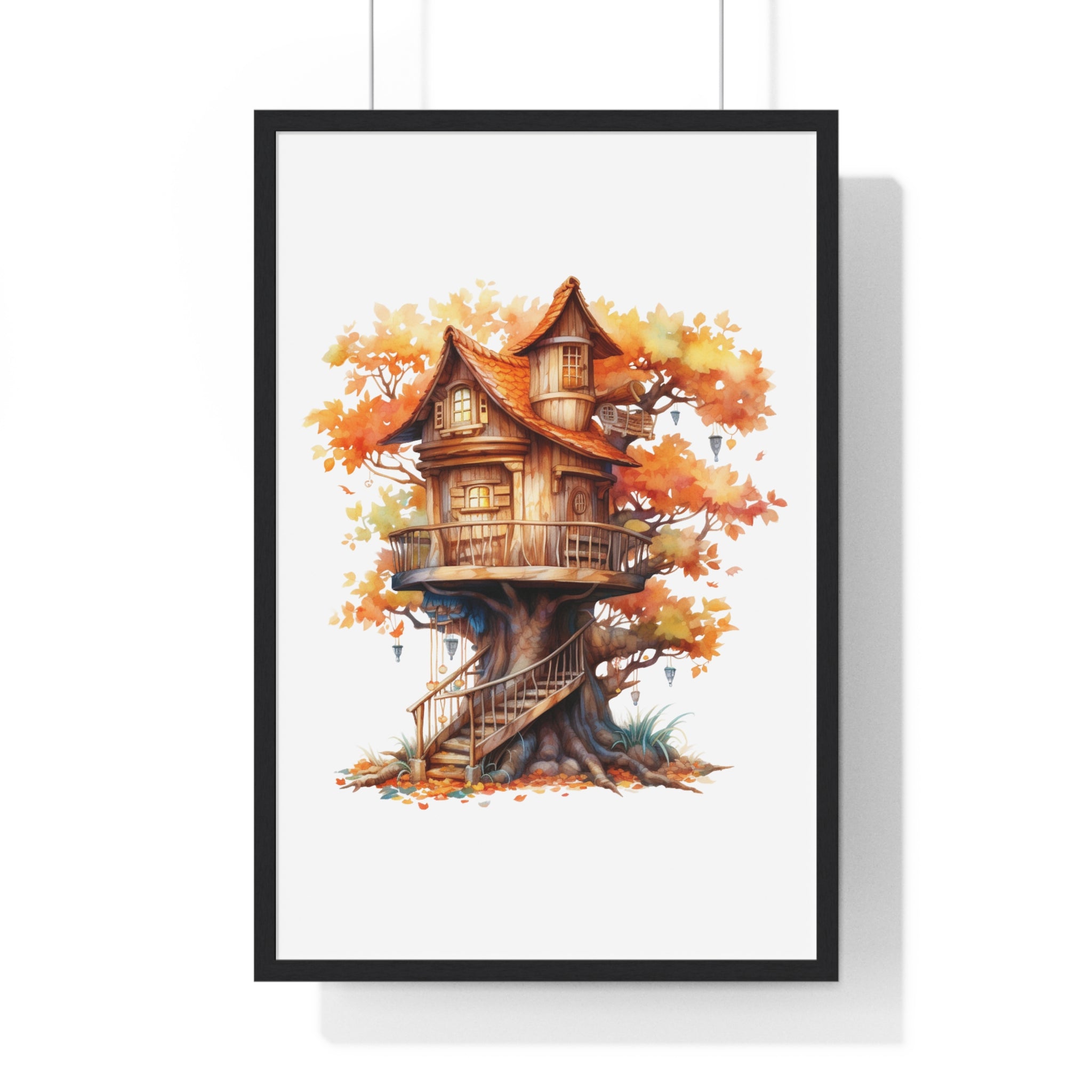 Whimsical Autumn Treehouse Wall Art – Fantasy Forest Cottage with Lanterns & Fall Leaves | Wooden Frame Seasonal Decor