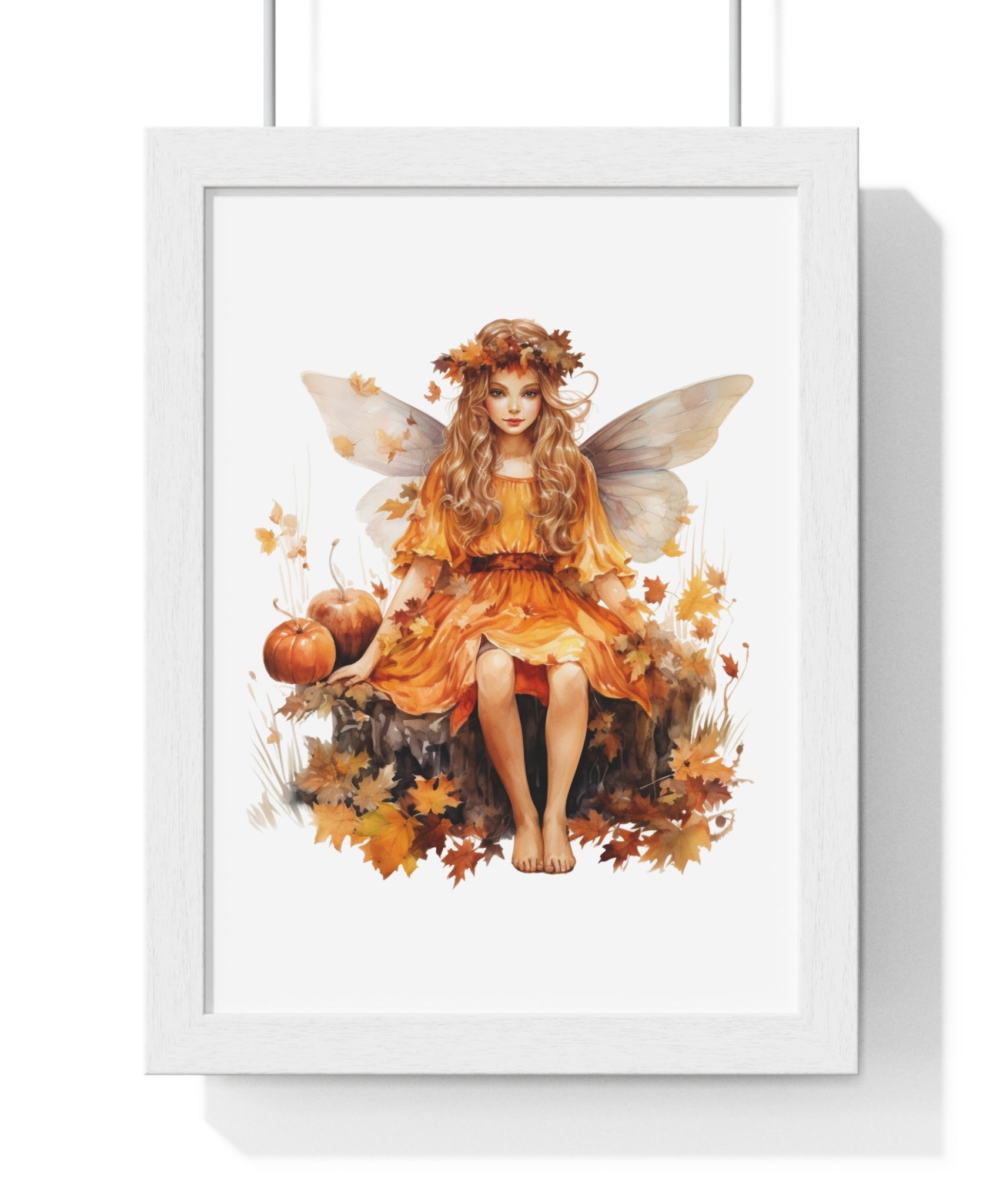 Fall Fairy Wall Art – Orange Dress Woodland Fairy with Pumpkins | Wooden Frame Poster for Autumn Home Decor