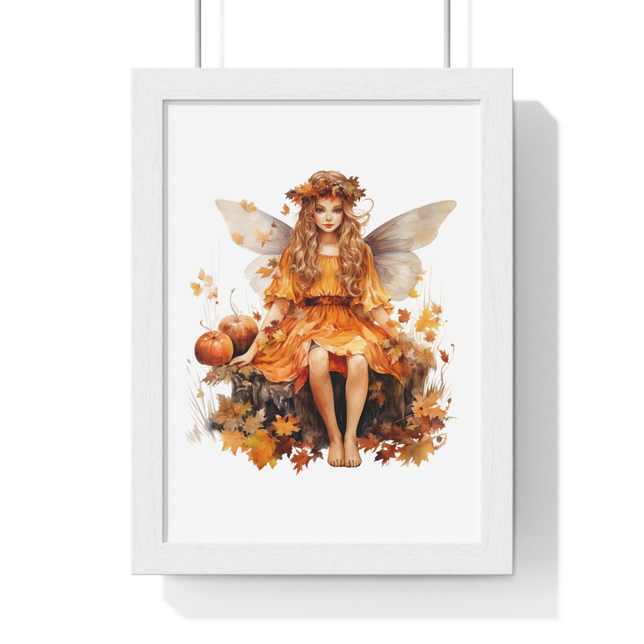 Fall Fairy Wall Art – Orange Dress Woodland Fairy with Pumpkins | Wooden Frame Poster for Autumn Home Decor