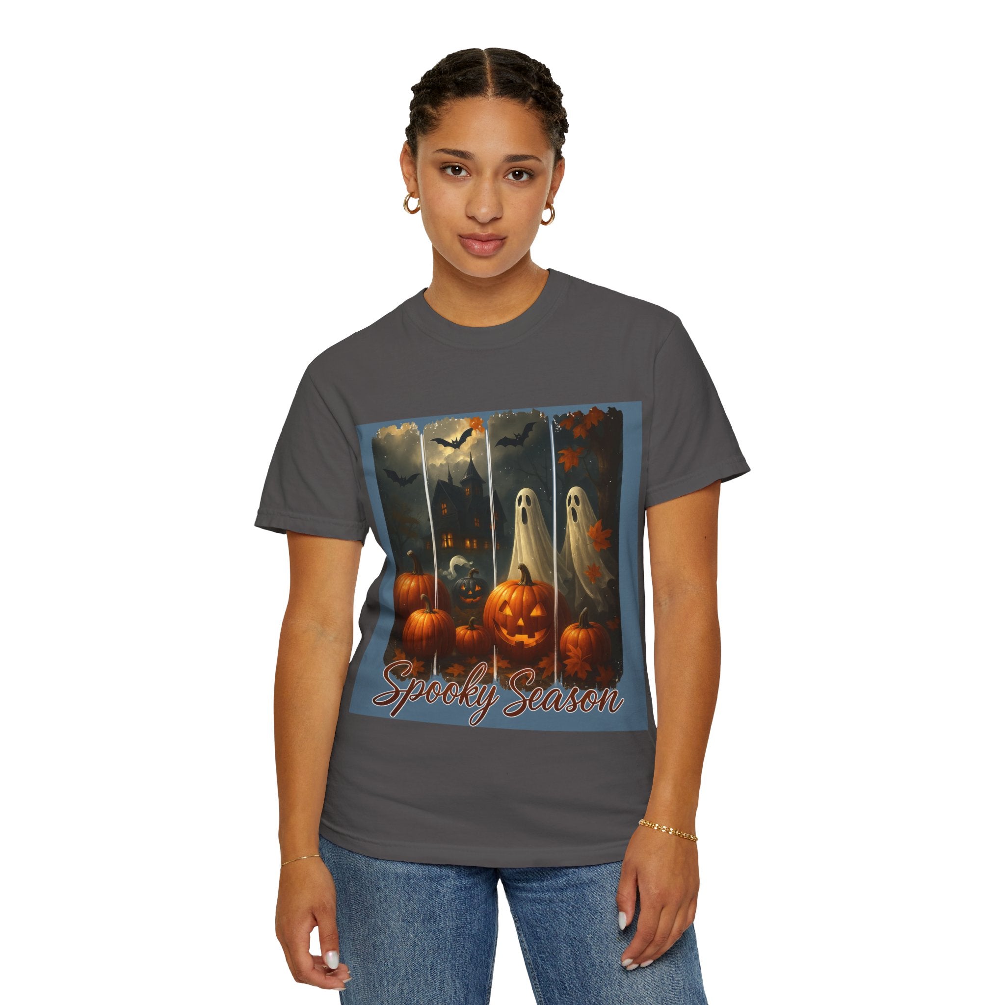 Spooky Season Unisex Halloween T-Shirt – Haunted House, Pumpkins & Ghosts Fall Design